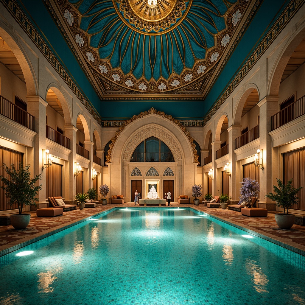 Prompt: Majestic Prussian blue domes, ornate golden accents, intricate Islamic patterns, vibrant turquoise tiles, grand archways, lavish fountains, exotic Middle Eastern architecture, majestic mosques, regal palaces, opulent decorative elements, rich velvet fabrics, jewel-toned mosaics, dramatic spotlights, warm golden lighting, shallow depth of field, 1/2 composition, symmetrical framing, realistic textures, ambient occlusion.