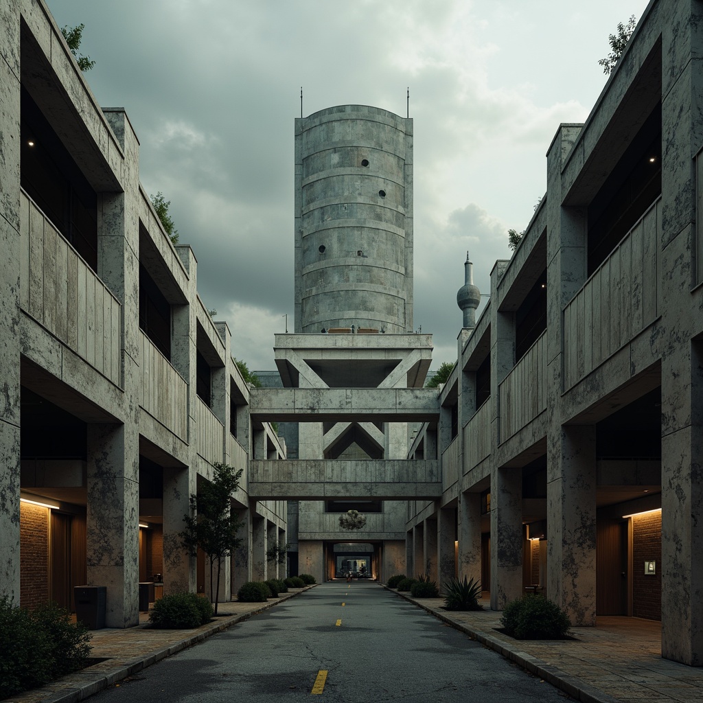 Prompt: Raw concrete textures, industrial brutalism architecture, bold monumental structures, rugged urban landscapes, overcast skies, muted earthy tones, weathered steel beams, distressed wood accents, exposed ductwork, industrial lighting fixtures, atmospheric fog effects, cinematic shallow depth of field, 2/3 composition, gritty realistic renderings, high-contrast dramatic shadows.