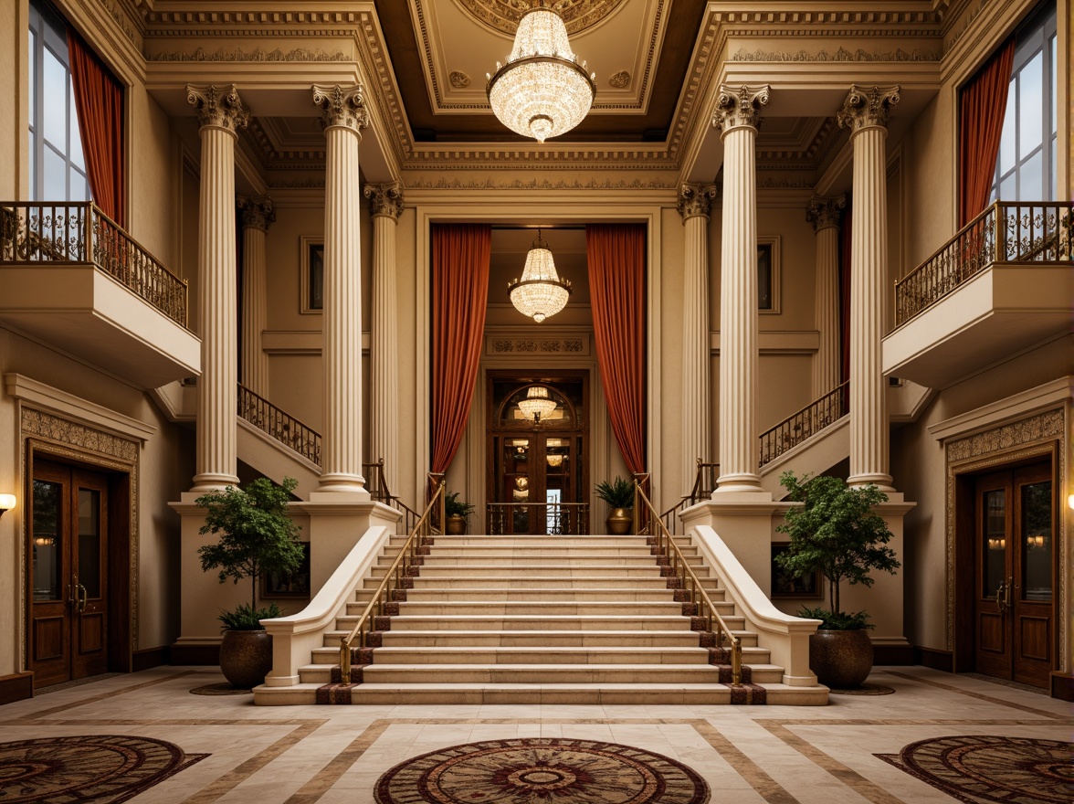 Prompt: Grandiose neoclassical building, ornate columns, Ionic capitals, fluted shafts, carved marble, intricate moldings, symmetrical fa\u00e7ade, rusticated base, grand entrance, sweeping staircase, polished bronze doors, crystal chandeliers, luxurious drapery, richly patterned rugs, warm golden lighting, shallow depth of field, 1/2 composition, realistic textures, ambient occlusion.