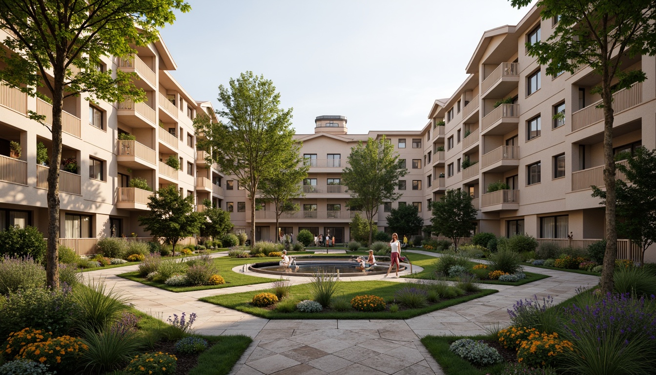 Prompt: Elegant social housing complex, classical architecture, symmetrical facades, ornate columns, decorative balconies, manicured lawns, vibrant flowerbeds, meandering walkways, tranquil water features, rustic stone pathways, mature trees, soft warm lighting, shallow depth of field, 1/2 composition, harmonious color palette, realistic textures, ambient occlusion.