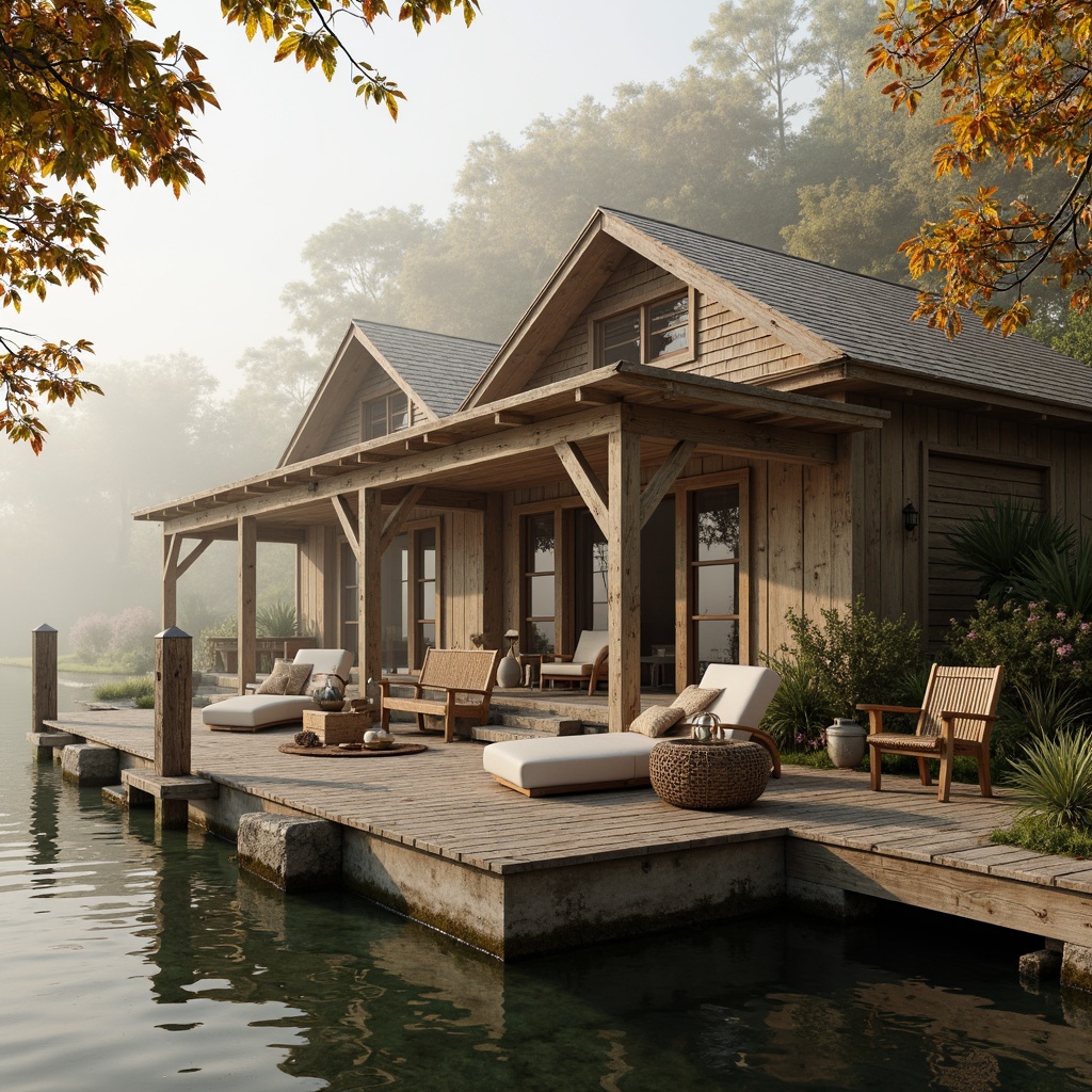 Prompt: Rustic boathouse, wooden dock, tranquil lake, misty morning, warm beige tones, earthy brown accents, soft sage greenery, weathered wooden planks, nautical ropes, antique metal lanterns, distressed wood textures, vintage fishing nets, woven wicker furniture, natural stone foundations, soft warm lighting, shallow depth of field, 2/3 composition, intimate atmosphere, realistic water reflections.