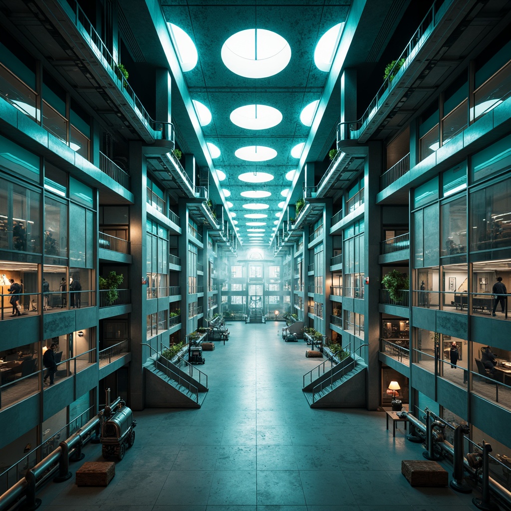 Prompt: Symmetrical energy plant, sleek modern design, gleaming metallic surfaces, angular lines, mirrored reflections, central axis, radial symmetry, circular motifs, spiral staircases, futuristic aesthetic, neon lighting accents, high-tech machinery, industrial pipes, steel beams, polished concrete floors, geometric patterns, minimalist decor, vibrant turquoise accents, misty atmospheric effects, shallow depth of field, 1/1 composition, panoramic view, realistic textures, ambient occlusion.