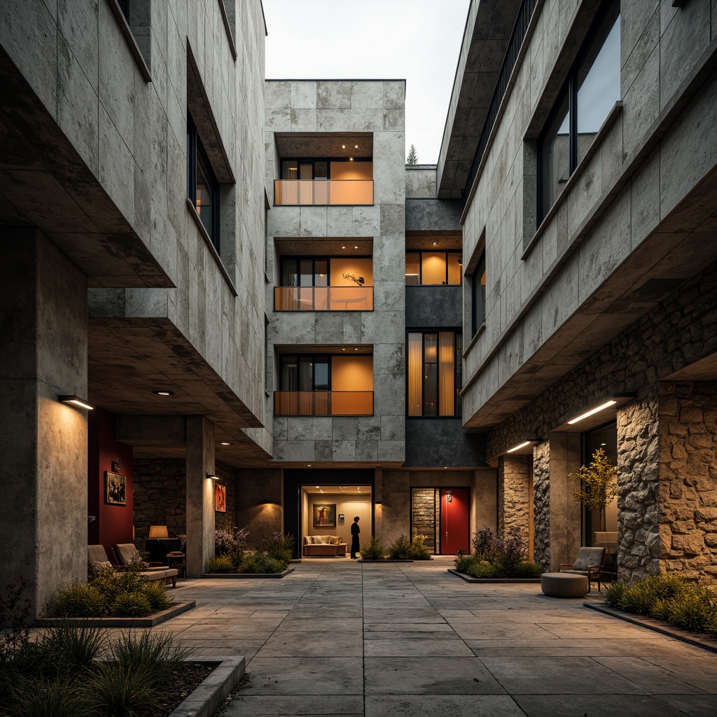 Prompt: Industrial brutalist building, raw concrete textures, bold exposed ductwork, metallic accents, weathered steel beams, rough-hewn stone walls, muted earth tones, monochromatic color scheme, neutral background, pops of vibrant orange, yellow, and red, dramatic shadows, high-contrast lighting, cinematic atmosphere, gritty urban landscape, abandoned industrial sites, overcast skies, moody warm lighting, shallow depth of field, 2/3 composition, symmetrical framing.