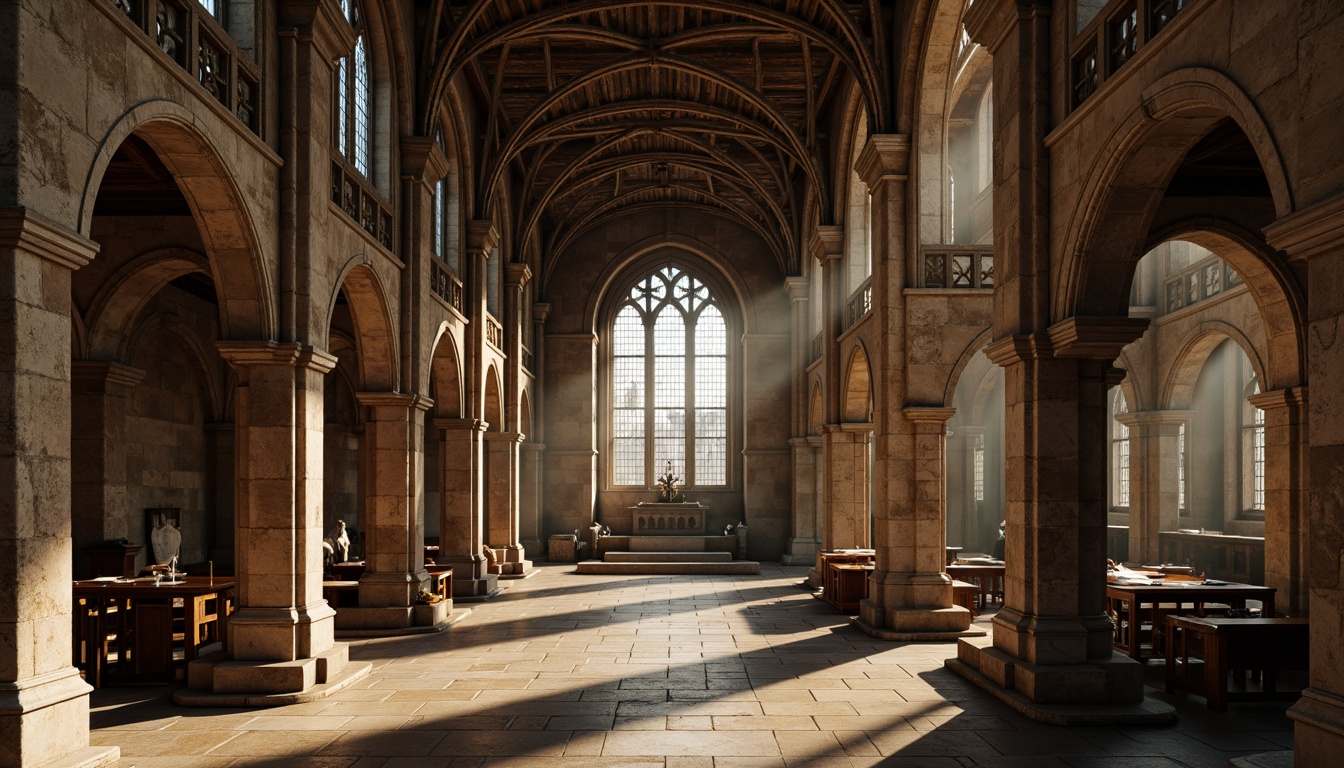 Prompt: Ancient stone arches, ornate carvings, rustic Romanesque columns, weathered stonework, grand cathedral interiors, vaulted ceilings, stained glass windows, intricate frescoes, mysterious ambiance, soft warm lighting, dramatic shadows, 3/4 composition, atmospheric perspective, realistic textures, ambient occlusion.