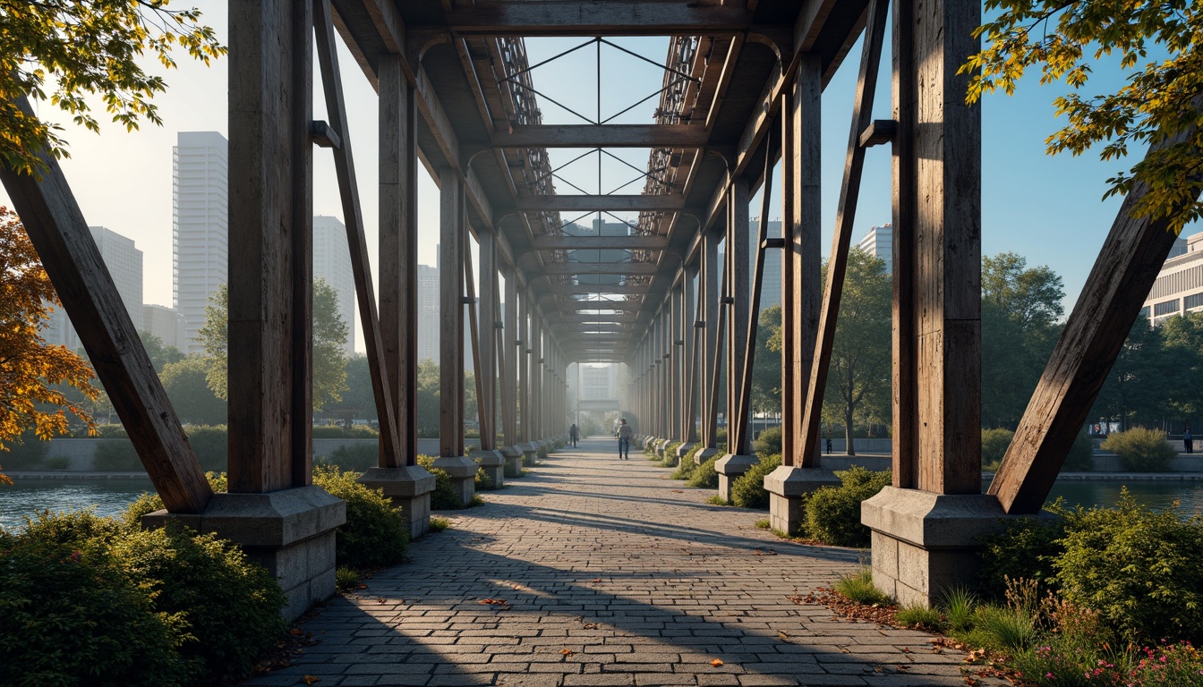 Prompt: Majestic bridge structure, industrial metallic beams, rustic stone pillars, weathered wooden planks, warm earthy tones, rich blues, deep greens, vibrant yellows, bold oranges, soft misty lighting, dramatic shadows, atmospheric fog, serene river waters, lush greenery, natural stone walkways, modern urban architecture, sleek steel cables, intricate latticework, realistic textures, ambient occlusion, shallow depth of field, 3/4 composition, panoramic view.