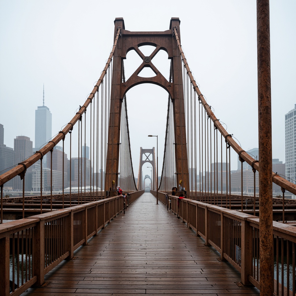 Prompt: Weathered steel pedestrian bridge, industrial aesthetic, exposed structural elements, cable-stayed suspension system, wooden decking, warm natural tones, rusty metal railings, textured concrete piers, urban cityscape, morning fog, soft diffused lighting, shallow depth of field, 2/3 composition, atmospheric perspective, realistic reflections, subtle ambient occlusion.