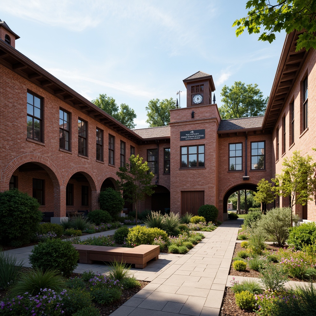 Prompt: Traditional educational institution, rustic brick fa\u00e7ade, classic arches, ornate cornices, vintage signage, historic clock tower, sprawling courtyard, lush greenery, vibrant flowers, outdoor seating areas, wooden benches, natural stone pathways, warm earthy tones, soft afternoon lighting, 1/1 composition, realistic textures, ambient occlusion.