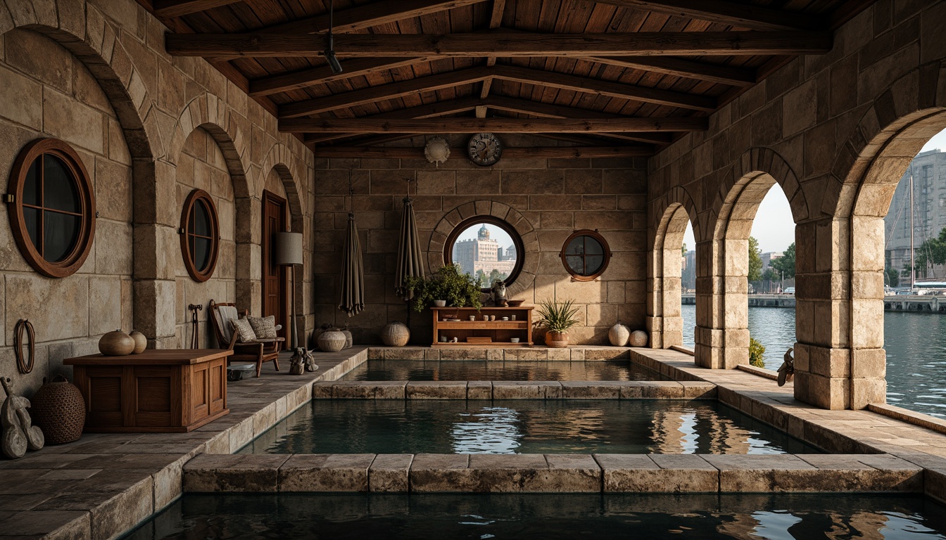 Prompt: Rustic boathouse, stone walls, wooden docks, nautical ropes, porthole windows, curved arches, Romanesque columns, ornate carvings, earthy color palette, weathered wood textures, warm soft lighting, shallow depth of field, 1/1 composition, intimate focal length, realistic water reflections, ambient occlusion.