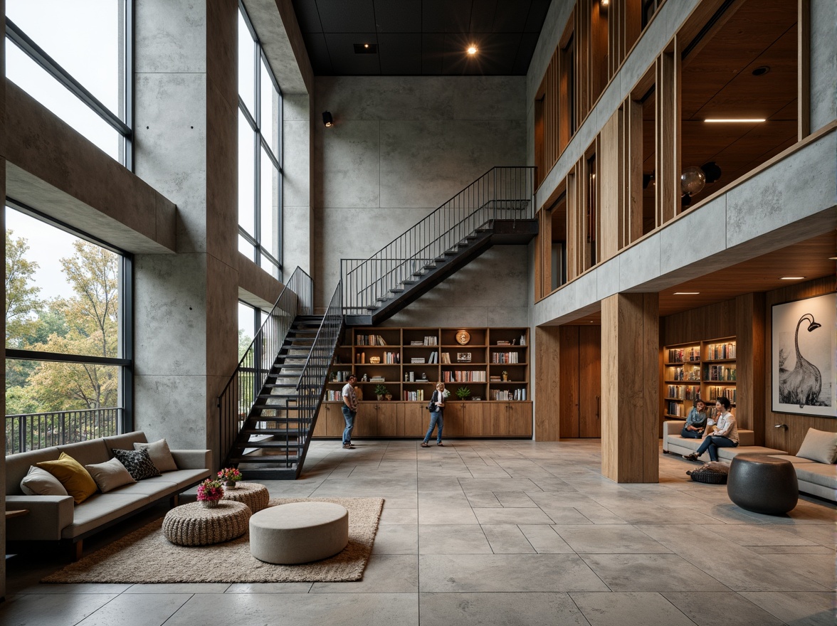 Prompt: Modern minimalist interior, concrete walls, steel beams, wooden accents, floor-to-ceiling windows, industrial chic atmosphere, sleek metal staircases, geometric patterns, natural stone flooring, cozy reading nooks, built-in shelving units, ambient warm lighting, 3/4 composition, shallow depth of field, realistic textures, soft focus effect.