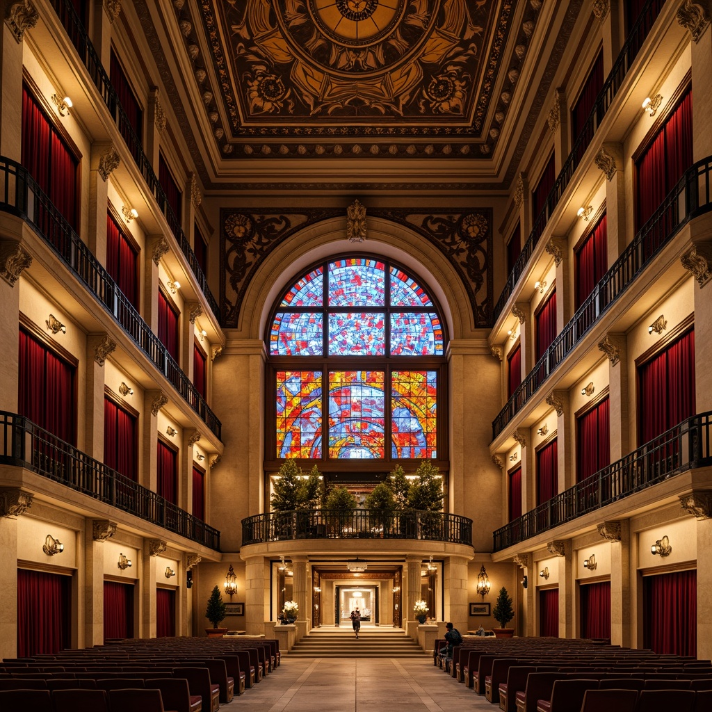 Prompt: Elegant theater facade, ornate academic architecture, richly colored glass panels, intricate stone carvings, grand entrance archways, ornamental metalwork, vibrant stained glass windows, majestic columns, sweeping staircases, luxurious velvet curtains, warm golden lighting, shallow depth of field, 1/2 composition, symmetrical framing, highly detailed textures, ambient occlusion.