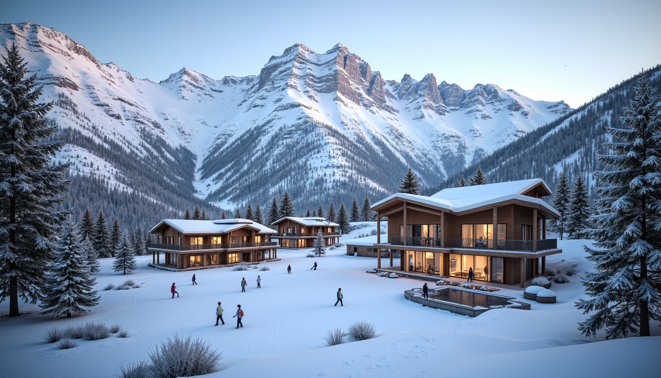 Prompt: Snow-capped mountains, frosty pine trees, ski slopes, chairlifts, snowy terrain, modern ski center architecture, wooden buildings, stone walls, large windows, glass facades, panoramic views, mountainous backdrop, serene atmosphere, warm cozy interior lighting, natural textures, ambient occlusion, 3/4 composition, realistic rendering.