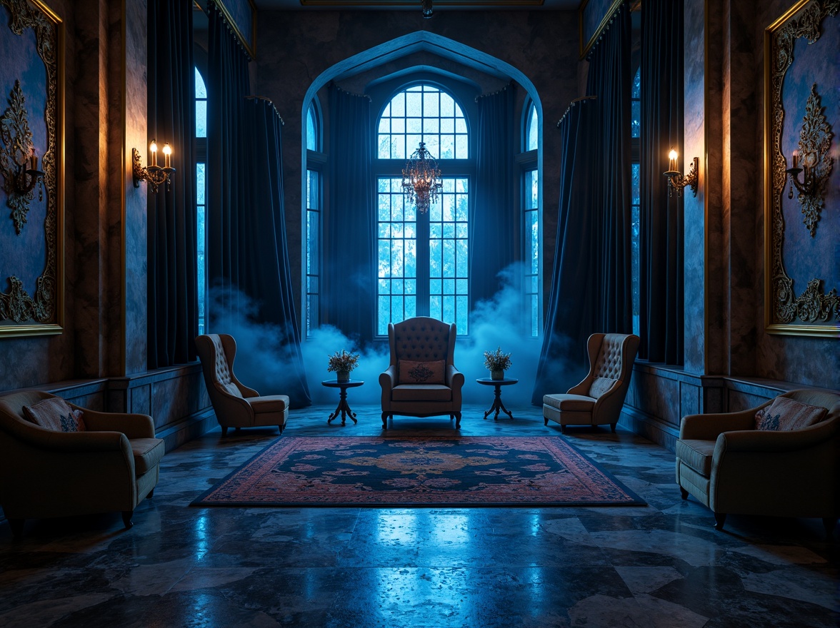 Prompt: Moody Prussian blue accents, rich textured stone walls, ornate metallic details, grandiose archways, mystical ambiance, luxurious velvet drapes, majestic chandeliers, sophisticated marble floors, mysterious twilight atmosphere, dramatic spot lighting, cinematic composition, atmospheric misting effects, opulent furnishings, intricate patterned rugs, lavish decorations, regal throne-like seating, imposing columns, stately architecture, ancient ruins inspiration.