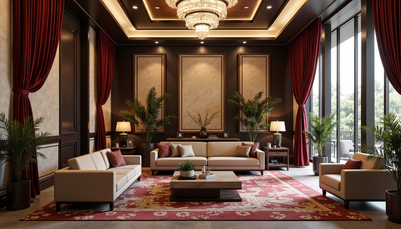 Prompt: Rich velvet maroon accents, elegant gold trimmings, warm beige backgrounds, soft cream textures, intricate ornate patterns, luxurious dark wood furniture, sophisticated modern architecture, grandiose high ceilings, dramatic floor-to-ceiling windows, lavish crystal chandeliers, ambient warm lighting, shallow depth of field, 1/1 composition, realistic materials, subtle atmospheric effects.