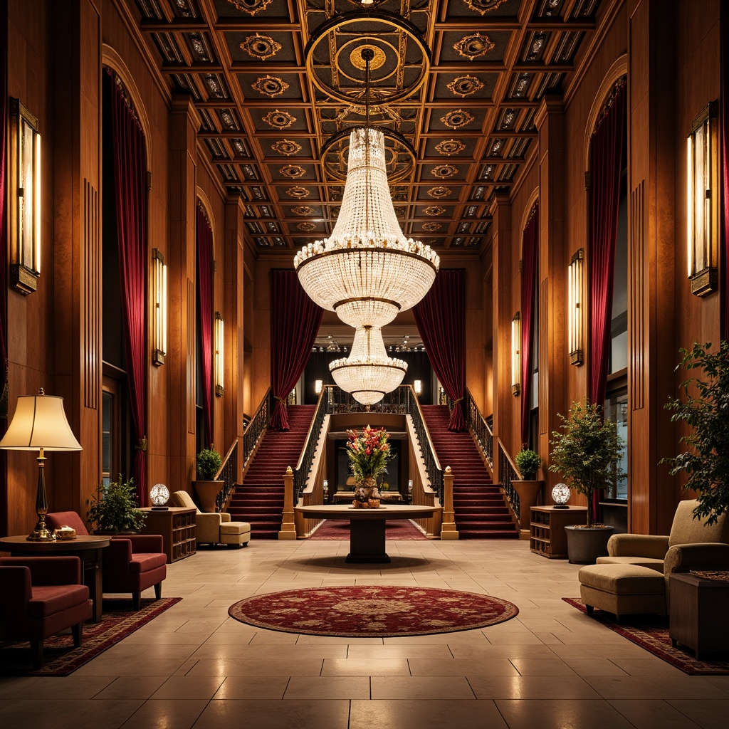 Prompt: Luxurious grand lobby, ornate chandeliers, intricately carved wooden paneling, velvet drapes, golden accents, lavish furnishings, romantic ambiance, soft warm lighting, shallow depth of field, 3/4 composition, panoramic view, realistic textures, ambient occlusion, opulent staircase, intricate ironwork, majestic high ceilings, crystal fixtures, grandiose archways, rich tapestries, sumptuous fabrics, elegant moldings, refined decorative motifs.