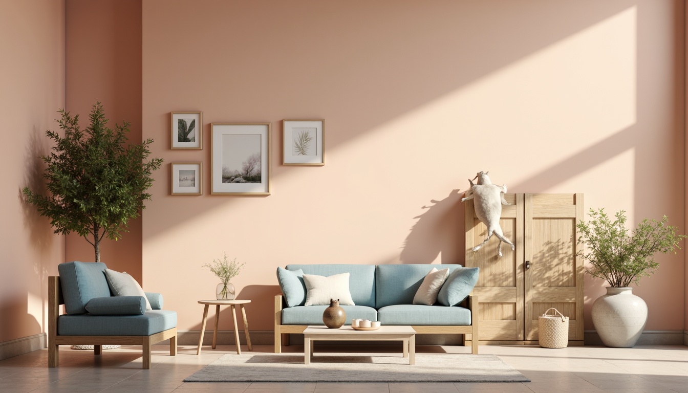 Prompt: Soft peach walls, calming blue accents, warm beige furniture, natural wood textures, subtle cream highlights, elegant gold decorations, serene greenery, delicate floral patterns, gentle gradient transitions, soft focus blur, 1/1 composition, realistic ambient lighting, shallow depth of field, harmonious color balance, soothing atmosphere.