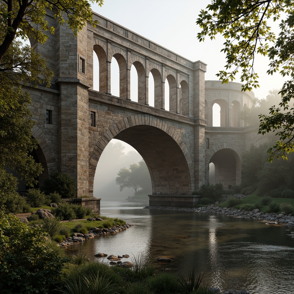 Prompt: Ancient Romanesque bridge, robust stone arches, sturdy pillars, ornate carvings, intricate stonework, weathered rustication, rounded apertures, semi-circular windows, barrel-vaulted ceilings, groin vaults, ribbed vaults, pointed arches, voussoirs, keystone details, rustic texture, earthy color palette, serene riverbank, lush greenery, misty morning light, soft warm glow, shallow depth of field, 3/4 composition, realistic textures, ambient occlusion.