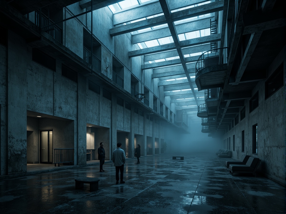 Prompt: Gritty community center, brutalist architecture, raw concrete walls, industrial metal beams, exposed ductwork, harsh overhead lighting, dramatic shadows, high-contrast ambiance, cold blue tones, atmospheric fog, cinematic composition, 2.35