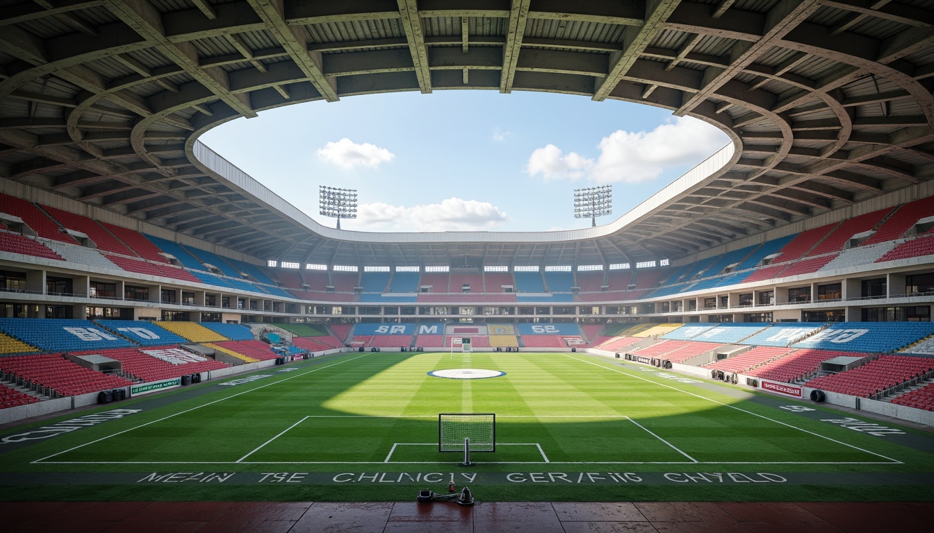 Prompt: Rugged athletic fields, brutalist concrete structures, bold geometric forms, raw exposed ductwork, industrial steel beams, weathered stone walls, functional floodlights, vibrant team colors, graphic number markings, artificial turf surfaces, modern goalposts, minimalist spectator seating, dramatic shadows, high-contrast lighting, 1/1 composition, realistic textures, atmospheric fog effects.