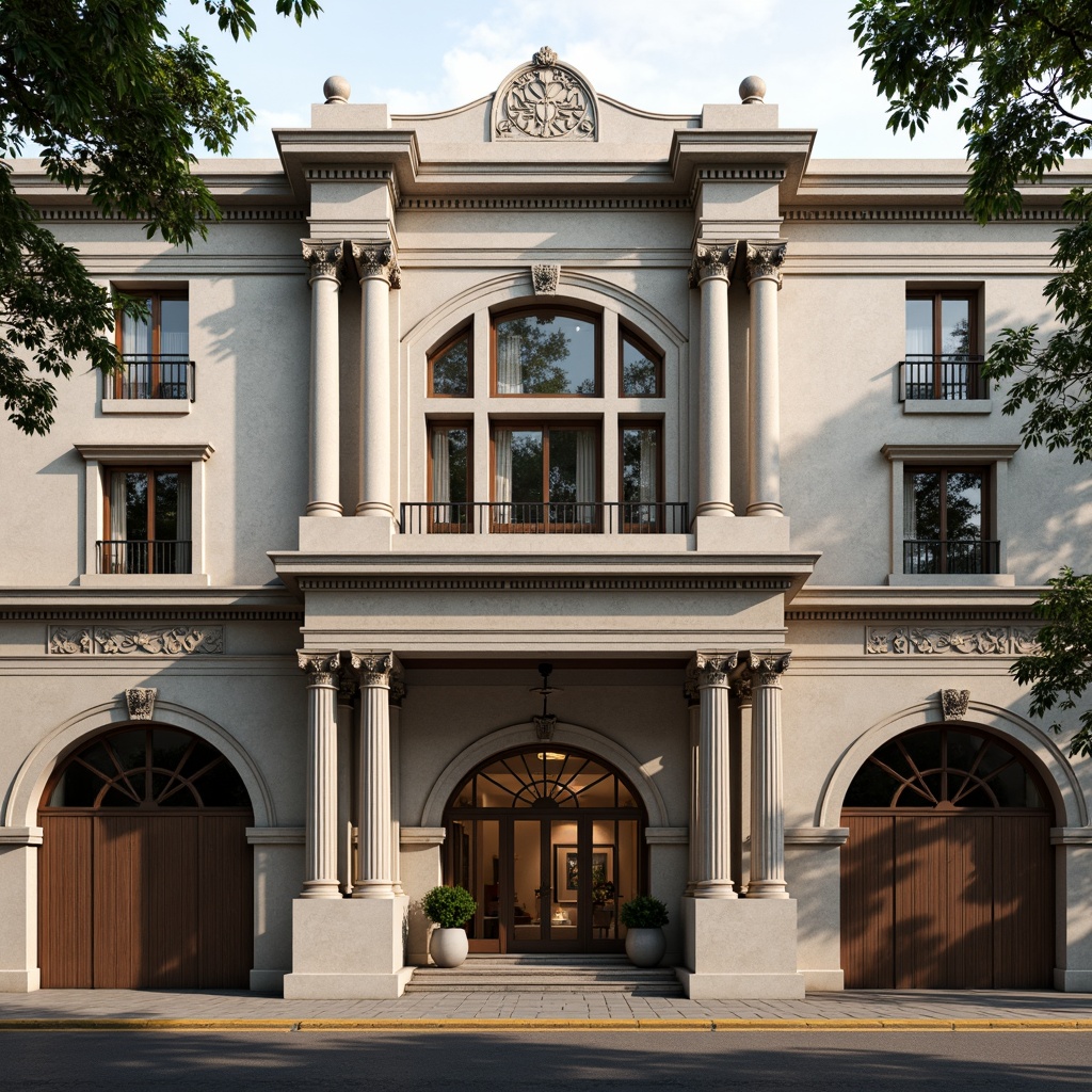 Prompt: Grandiose building facade, ornate columns, carved stone details, symmetrical composition, rusticated base, ionic capitals, decorative frieze, classical pediment, arched windows, intricate moldings, subtle keystone accents, weathered limestone walls, elegant balconies, ornamental ironwork, refined stucco textures, soft warm lighting, shallow depth of field, 2/3 composition, realistic renderings.