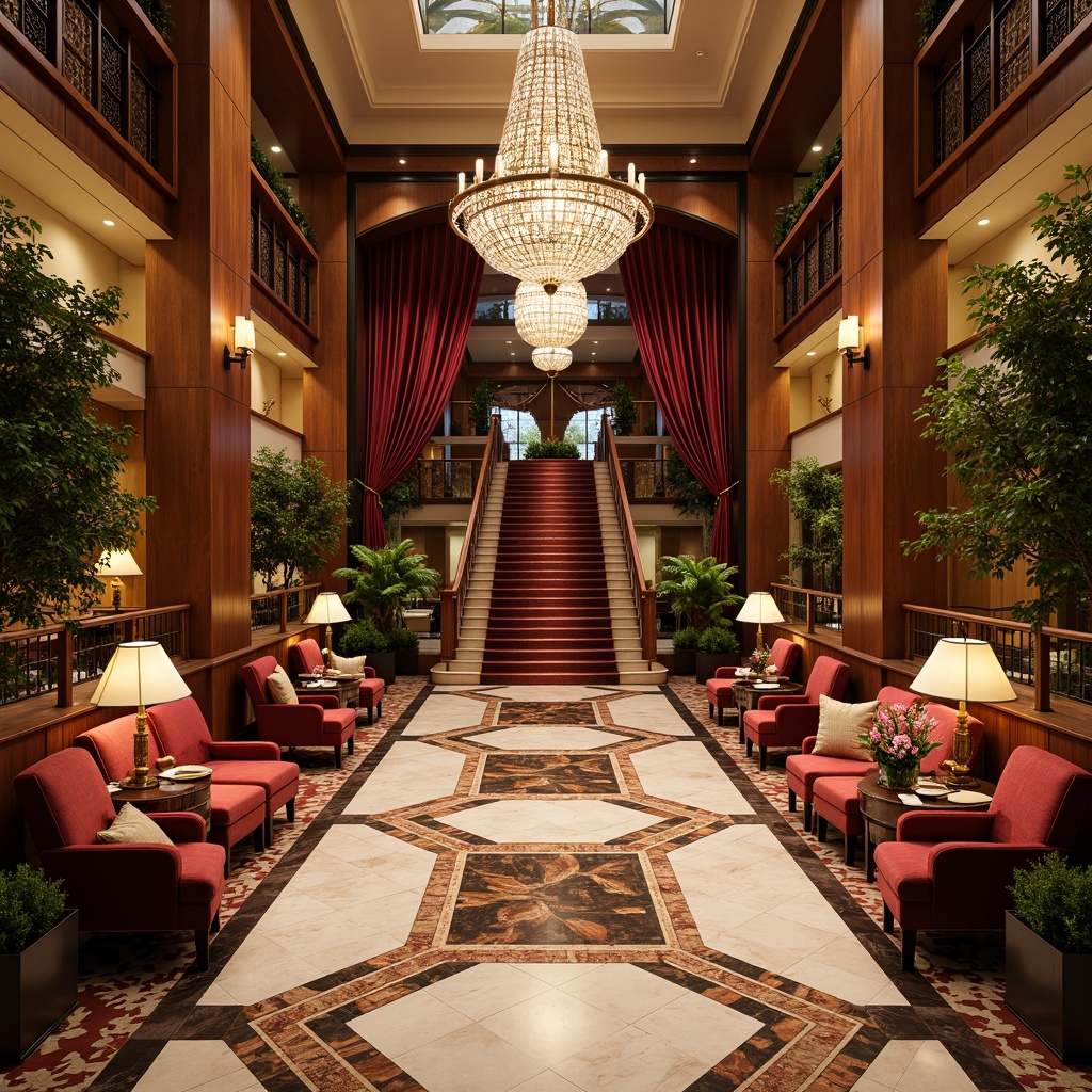 Prompt: Luxurious hotel lobby, intricately patterned marble floors, grandiose chandeliers, opulent furnishings, rich velvet drapes, ornate wooden accents, gilded frames, lavish flower arrangements, sparkling crystal fixtures, majestic staircases, elegant archways, sophisticated color palette, warm ambient lighting, shallow depth of field, 2/3 composition, realistic textures, soft focus effect.