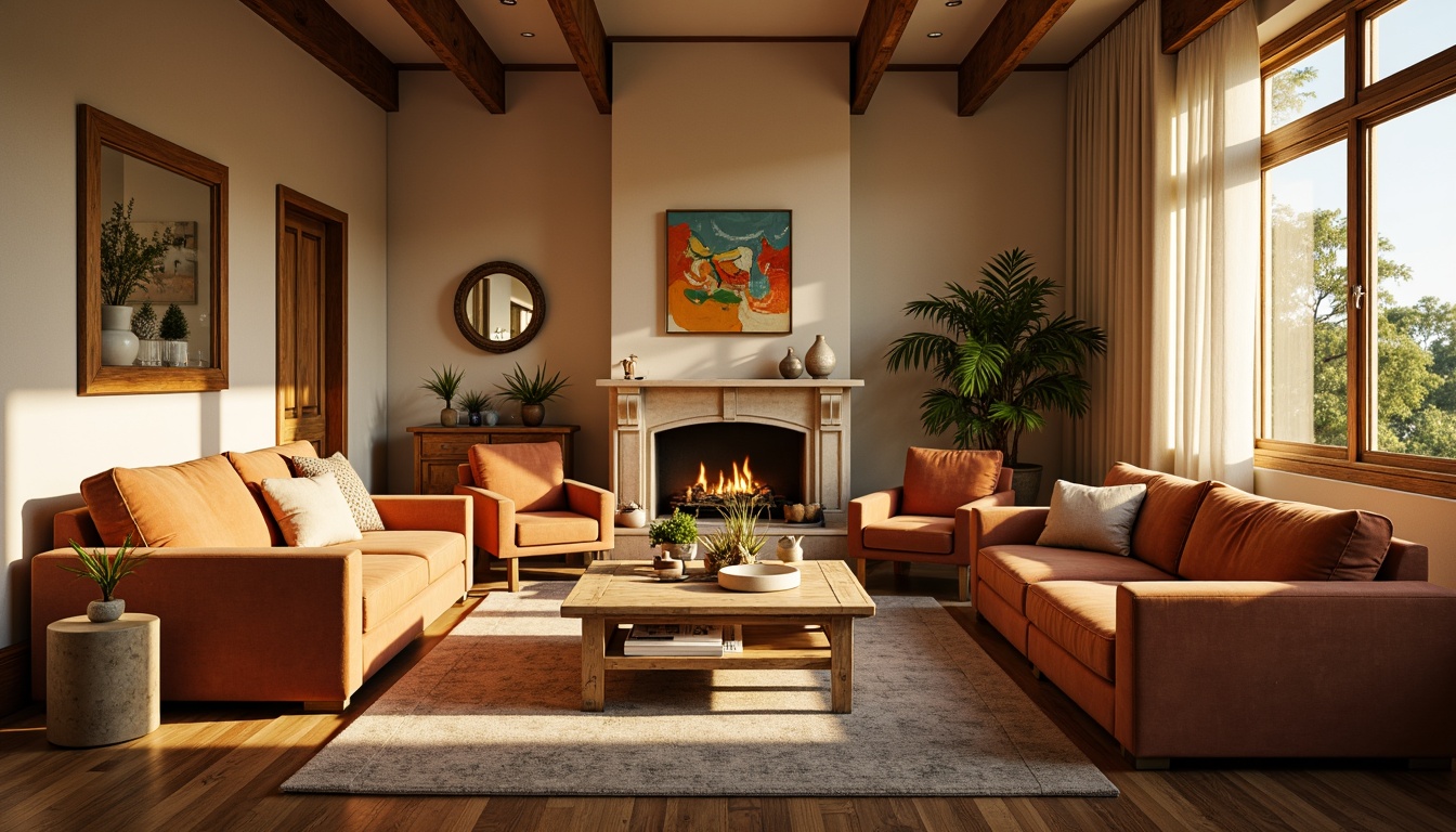 Prompt: Cozy living room, plush velvet sofas, warm beige walls, rustic wooden floors, soft golden lighting, comfortable oversized armchairs, natural stone fireplace, vibrant greenery, decorative vases, abstract artwork, minimal ornamentation, calming atmosphere, shallow depth of field, 1/1 composition, realistic textures, ambient occlusion.