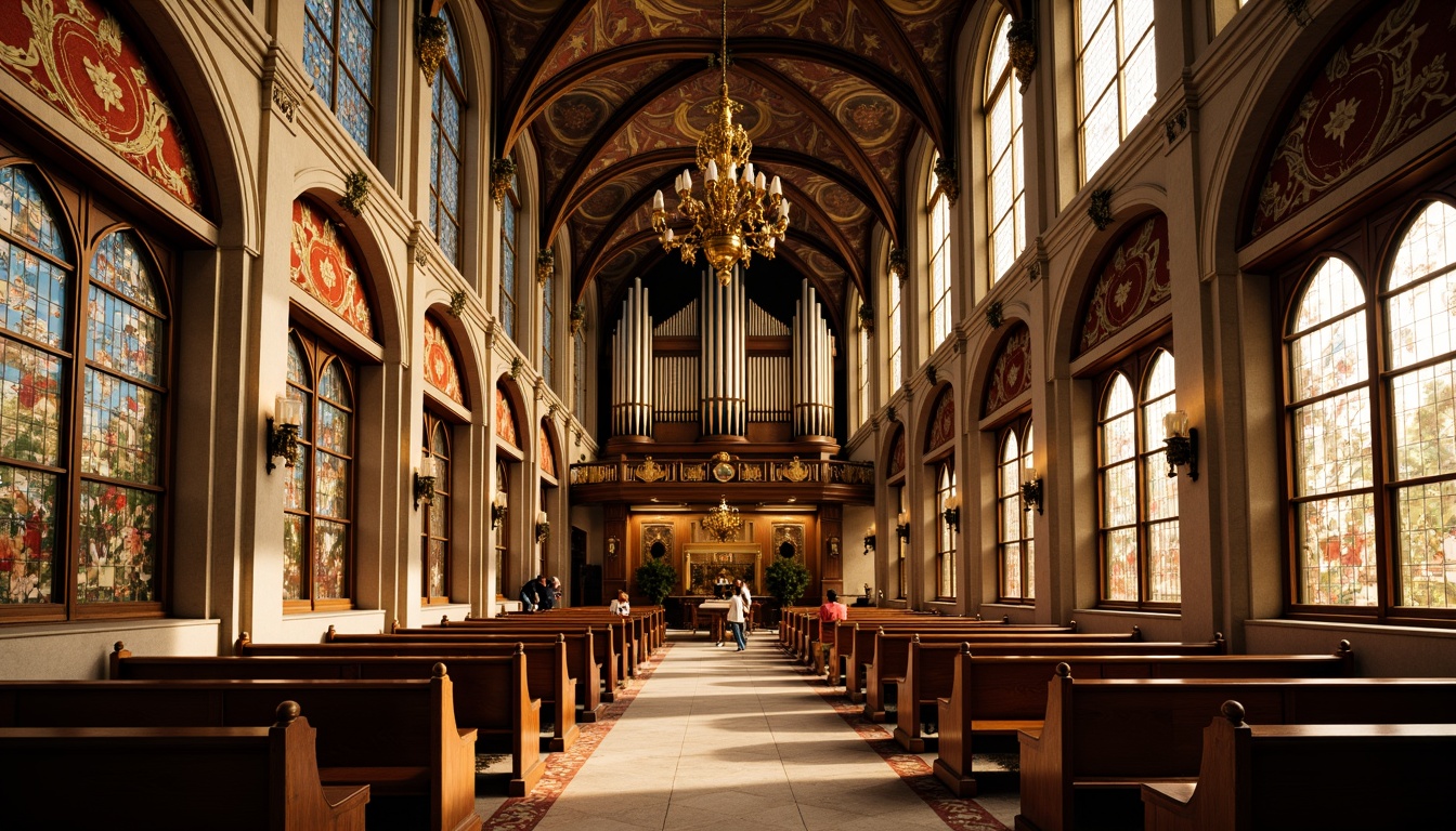 Prompt: Vaulted ceilings, stained glass windows, warm golden lighting, ornate wooden pews, richly colored tapestries, majestic pipe organs, grandiose chandeliers, intricate stone carvings, vibrant frescoes, sacred symbols, harmonious color palette, analogous hues, contrasting accents, atmospheric perspective, soft diffused light, dramatic shadows, symmetrical composition, central axis, ornate details, classic architectural styles, reverent ambiance, spiritual atmosphere.