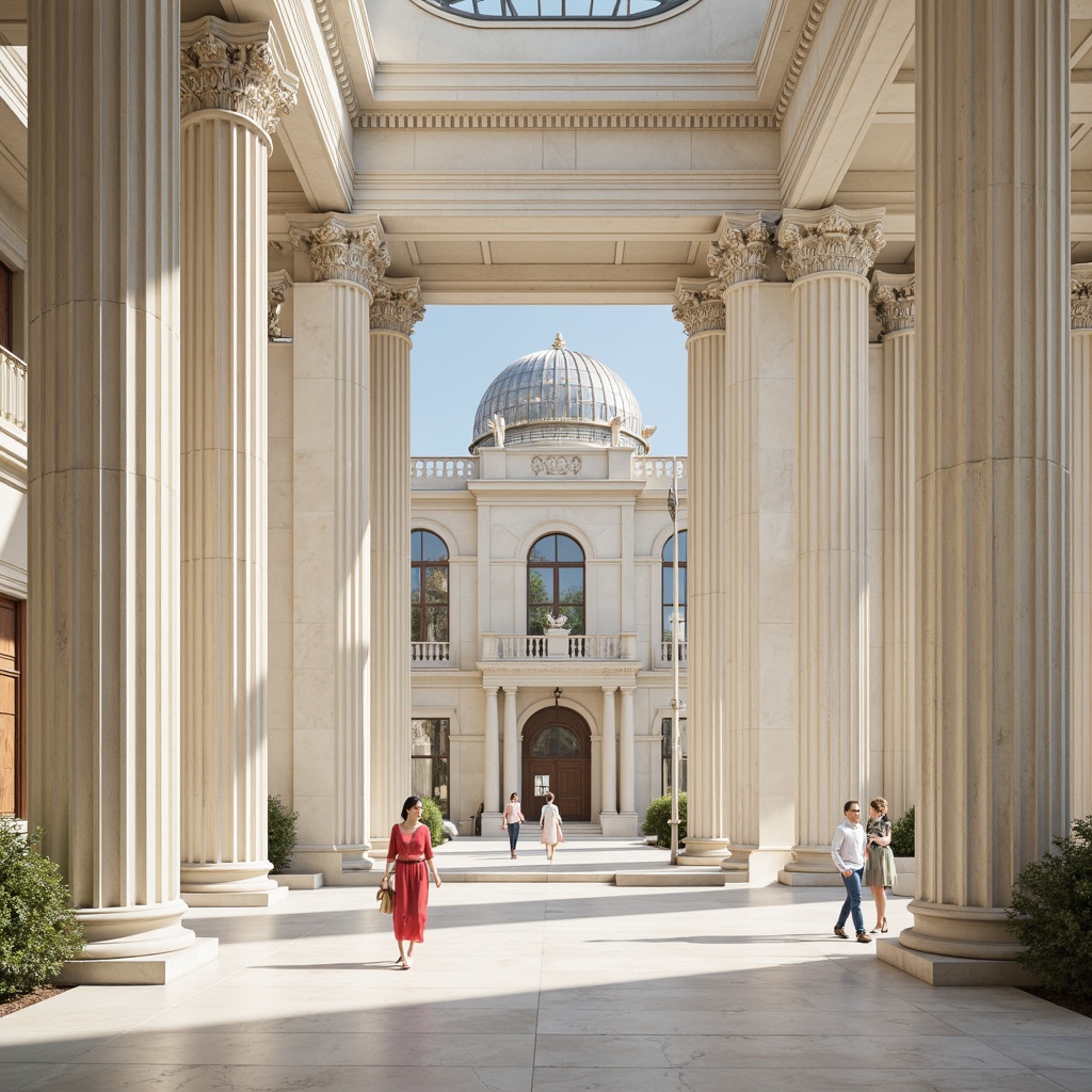 Prompt: Grand neoclassical columns, ornate capitals, fluted shafts, Corinthian-inspired details, symmetrical facades, rusticated bases, stately entranceways, imposing pediments, arched windows, rounded domes, classical proportions, marble-like materials, creamy white hues, subtle shading, ambient lighting, shallow depth of field, 2/3 composition, realistic textures, soft focus.