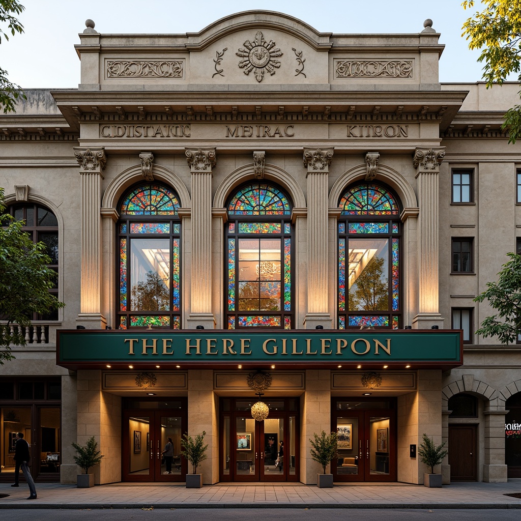 Prompt: Vibrant theater facade, academic architectural style, ornate details, colored glass windows, stained glass patterns, grand entrance, symmetrical composition, imposing columns, decorative arches, intricate moldings, richly textured stone walls, subtle lighting accents, warm afternoon sun, shallow depth of field, 1/1 composition, realistic reflections, ambient occlusion.