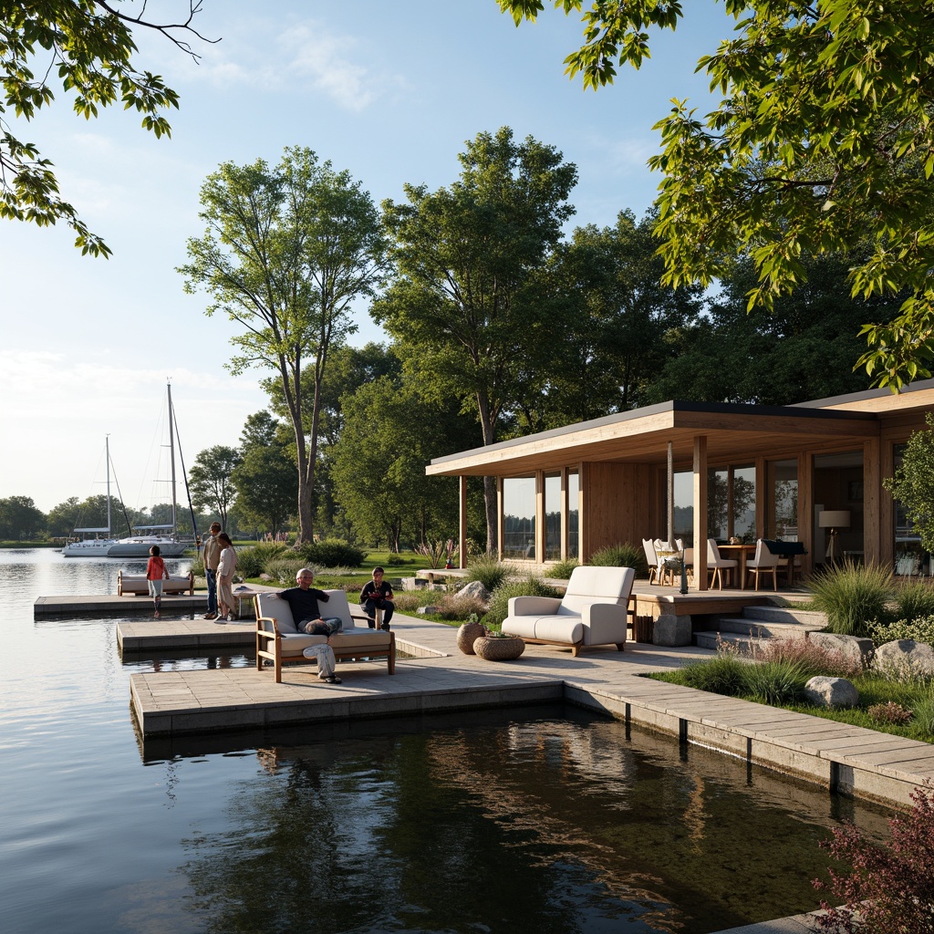 Prompt: Waterfront location, serene lake views, wooden dock, sailboats, lush greenery, natural stone foundation, modern boathouse architecture, large windows, sliding glass doors, nautical-themed decor, rustic wood accents, cozy interior spaces, warm lighting, shallow depth of field, 3/4 composition, panoramic view, realistic water reflections, ambient occlusion.