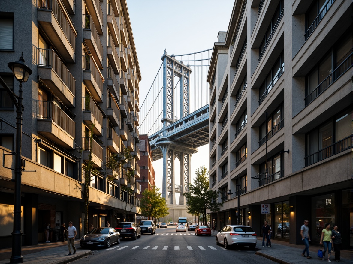 Prompt: Urban cityscape, steel arch bridge, modern infrastructure, concrete pillars, suspension cables, metallic latticework, warm golden lighting, soft misty atmosphere, industrial textures, rugged stone foundations, vibrant blue accents, sleek silver railings, dynamic angular lines, abstract geometric patterns, futuristic urban planning, bustling city life, morning rush hour, dramatic shadow play, 1/2 composition, low-angle shot, cinematic mood.