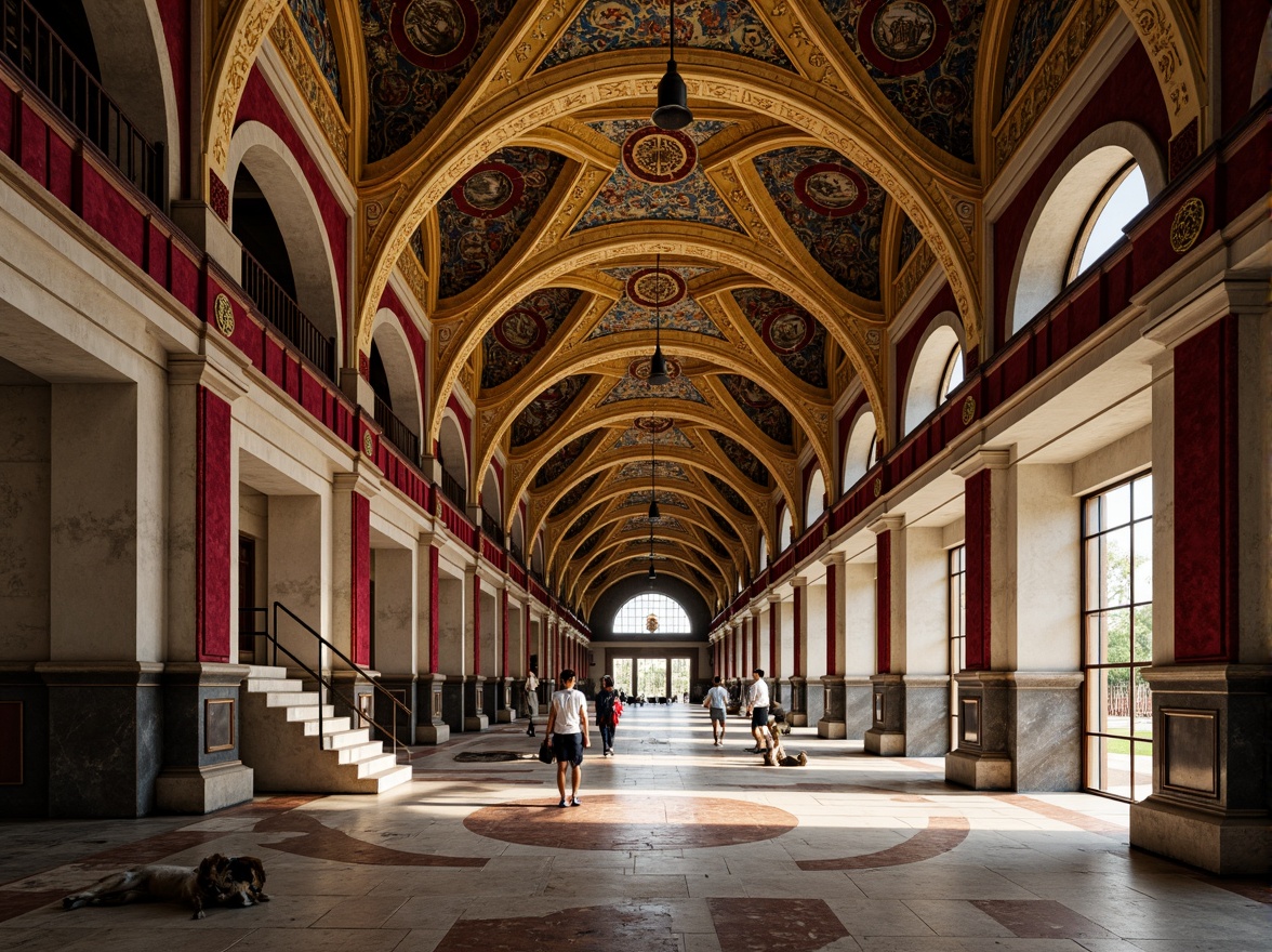 Prompt: Byzantine-inspired high school, rich gold accents, warm earthy tones, deep blues, crimson reds, ornate mosaics, intricate stone carvings, grand arches, vaulted ceilings, ornamental columns, luxurious marble floors, warm soft lighting, dramatic shadows, 1/2 composition, atmospheric perspective, realistic textures, subtle ambient occlusion.