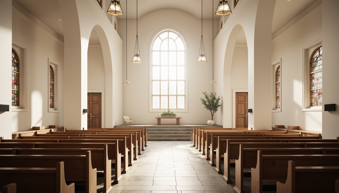 Prompt: Serene church interior, minimalist architecture, plain white walls, subtle natural light, soft warm glow, stained glass windows, gentle color palette, simple wooden pews, elegant chandeliers, refined stone floors, vaulted ceilings, dramatic verticality, atmospheric lighting, shallow depth of field, 1/1 composition, symmetrical framing, realistic textures, ambient occlusion.