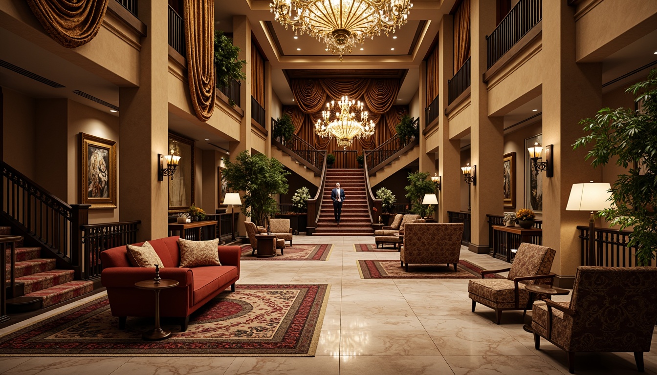 Prompt: Luxurious hotel lobby, ornate chandeliers, rich velvet fabrics, intricately carved wooden furniture, soft golden lighting, grand staircase, lavish drapery, elegant marble floors, warm beige walls, antique furnishings, plush area rugs, delicate lace details, vintage accessories, mysterious dark wood tones, whimsical patterns, dramatic ceiling heights, opulent textiles, mystical ambiance.