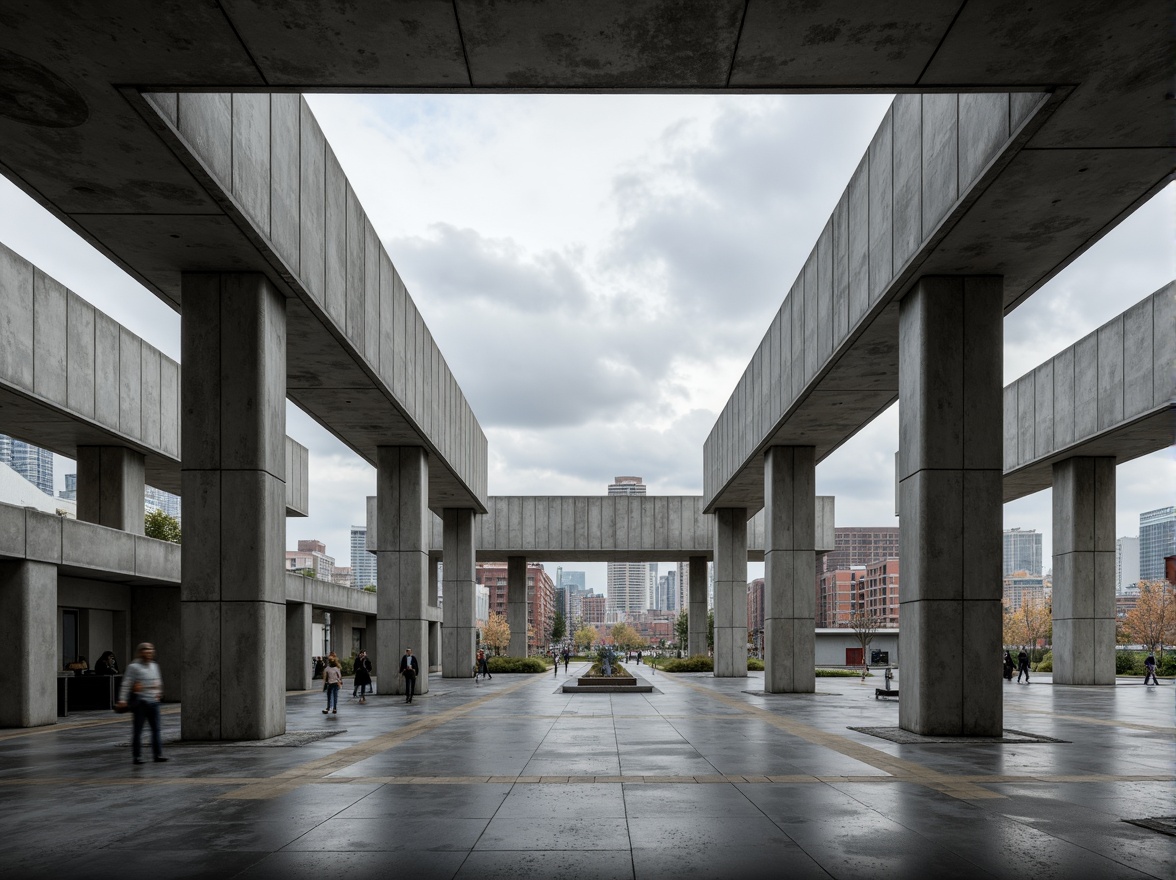 Prompt: Modern architecture, exposed concrete columns, sleek steel beams, minimalist aesthetic, open floor plans, industrial chic atmosphere, urban cityscape, cloudy grey sky, dramatic shadows, high contrast lighting, shallow depth of field, 1/1 composition, symmetrical framing, bold geometric shapes, functional simplicity, raw material textures, brutalist influence.