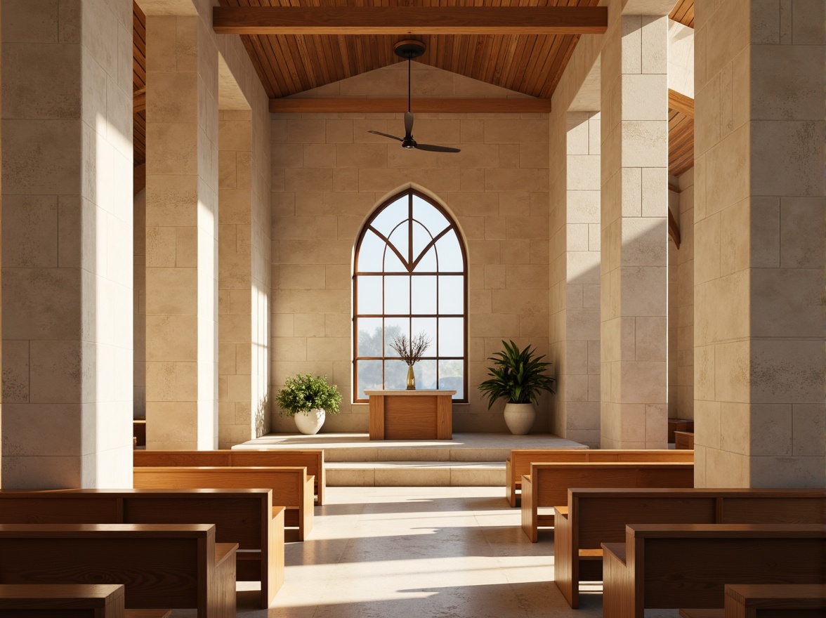 Prompt: Minimalist church interior, soft natural light, warm beige stone walls, sleek wooden pews, simple altar, stained glass windows, subtle color palette, elegant arches, vaulted ceilings, diffused lighting, gentle shadows, 1/1 composition, low contrast ratio, realistic textures, ambient occlusion, serene atmosphere, quiet contemplation.