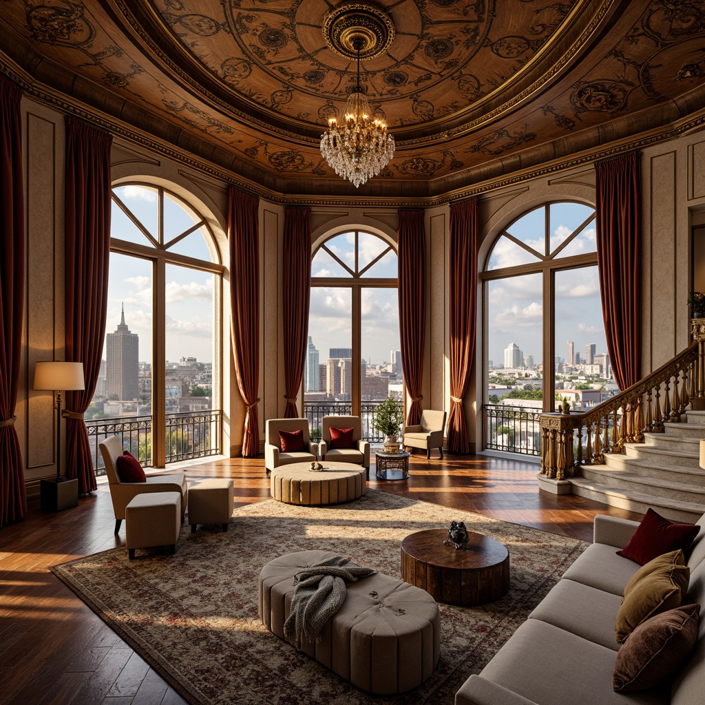 Prompt: Luxurious penthouse, ornate detailing, Renaissance-inspired architecture, grandiose high ceilings, opulent chandeliers, intricately carved wooden panels, lavish furnishings, velvet drapes, gilded accents, marble flooring, crystal fixtures, imposing stone columns, arched windows, sweeping staircases, majestic cityscape views, warm golden lighting, soft focus blur, 1/1 composition, cinematic perspective, rich textures, detailed normal maps.