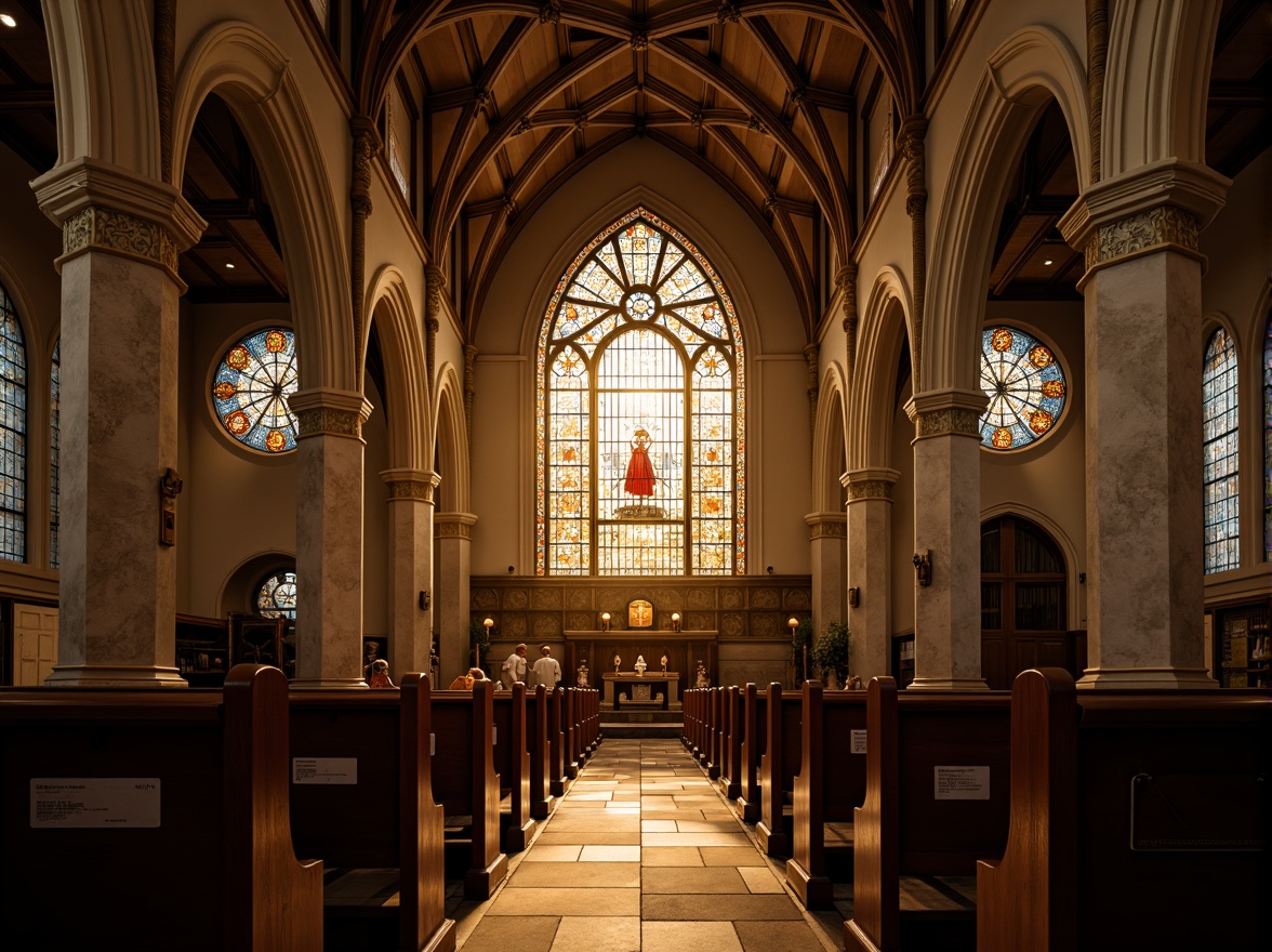 Prompt: Sacred worship space, stunning stained glass windows, warm golden lighting, intricate stone carvings, majestic vaulted ceilings, ornate wooden pews, serene ambiance, peaceful atmosphere, subtle shadows, soft diffused light, 1/1 composition, low-key illumination, dramatic architectural details, rich textures, ambient occlusion.