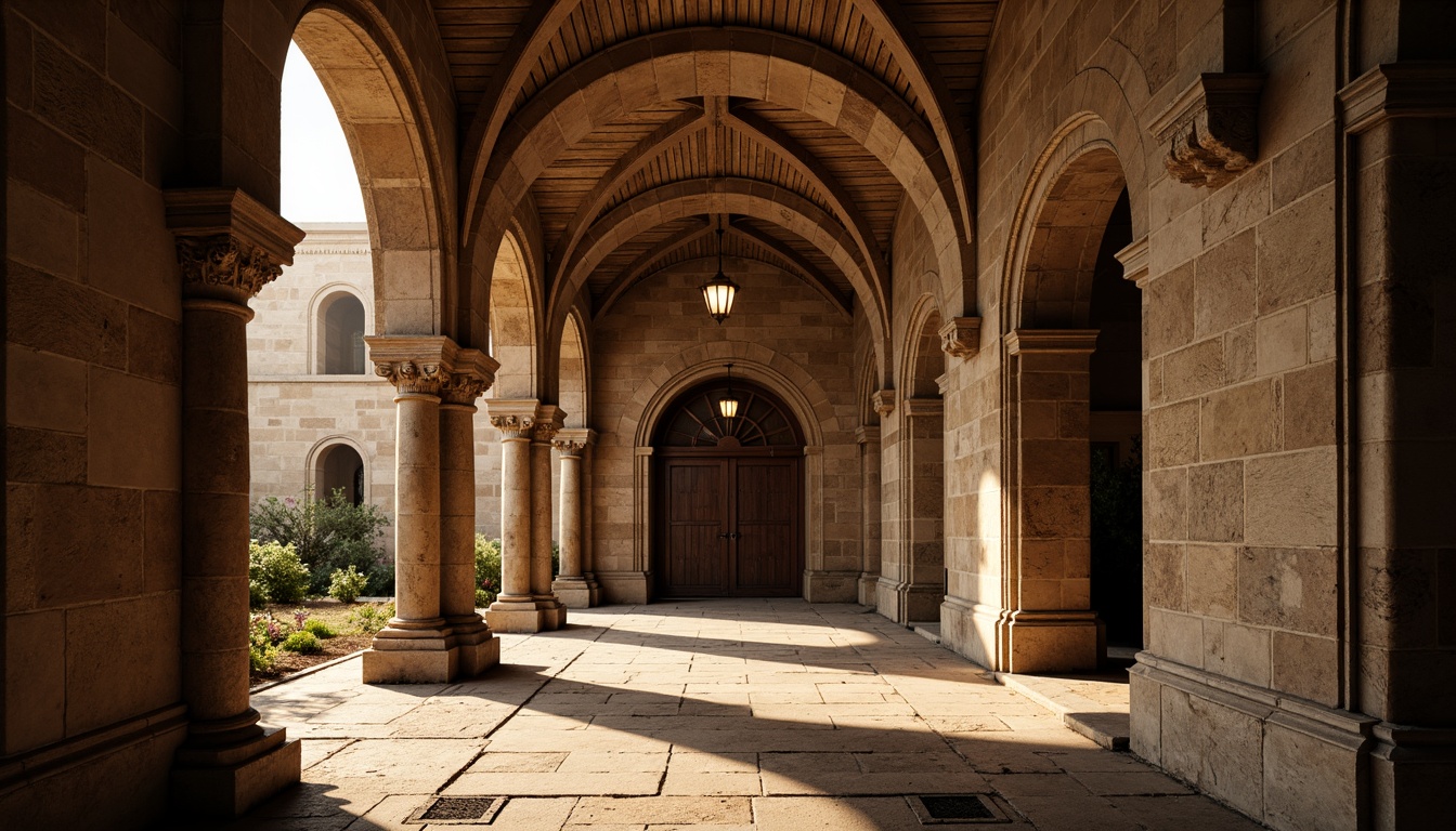 Prompt: Ancient stone arches, rustic Romanesque style, weathered brownstone, ornate carvings, intricate columns, vaulted ceilings, grand entranceways, imposing fortifications, medieval ambiance, warm golden lighting, dramatic shadows, 1/1 composition, symmetrical framing, rich textures, ambient occlusion.