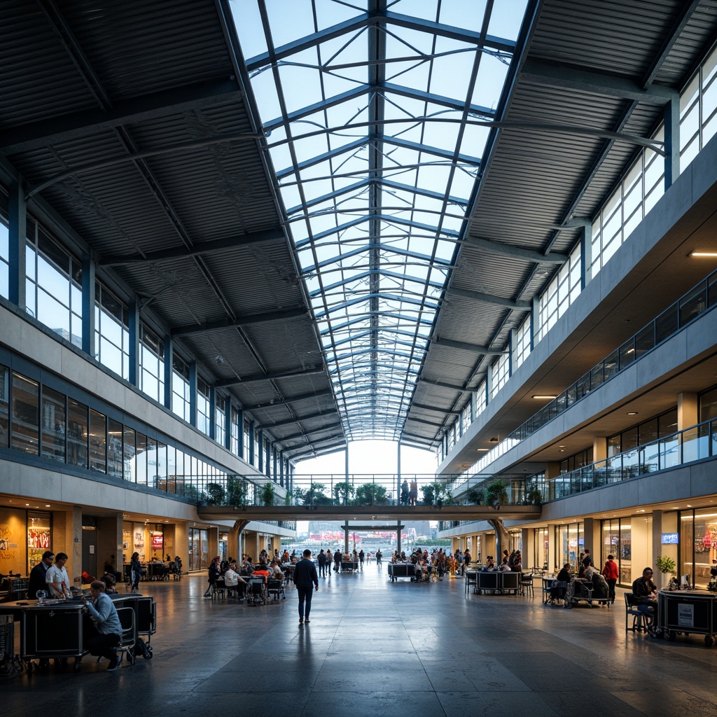 Prompt: Airport terminal, futuristic constructivism style, angular metal frames, cantilevered roofs, massive glass facades, dynamic LED lighting, sleek aerodynamic lines, modern airline logos, luggage carts, passenger bridges, airy atriums, high ceilings, polished steel columns, industrial materials, minimalist decor, warm ambient lighting, shallow depth of field, 1/1 composition, panoramic view, realistic reflections, atmospheric fog.