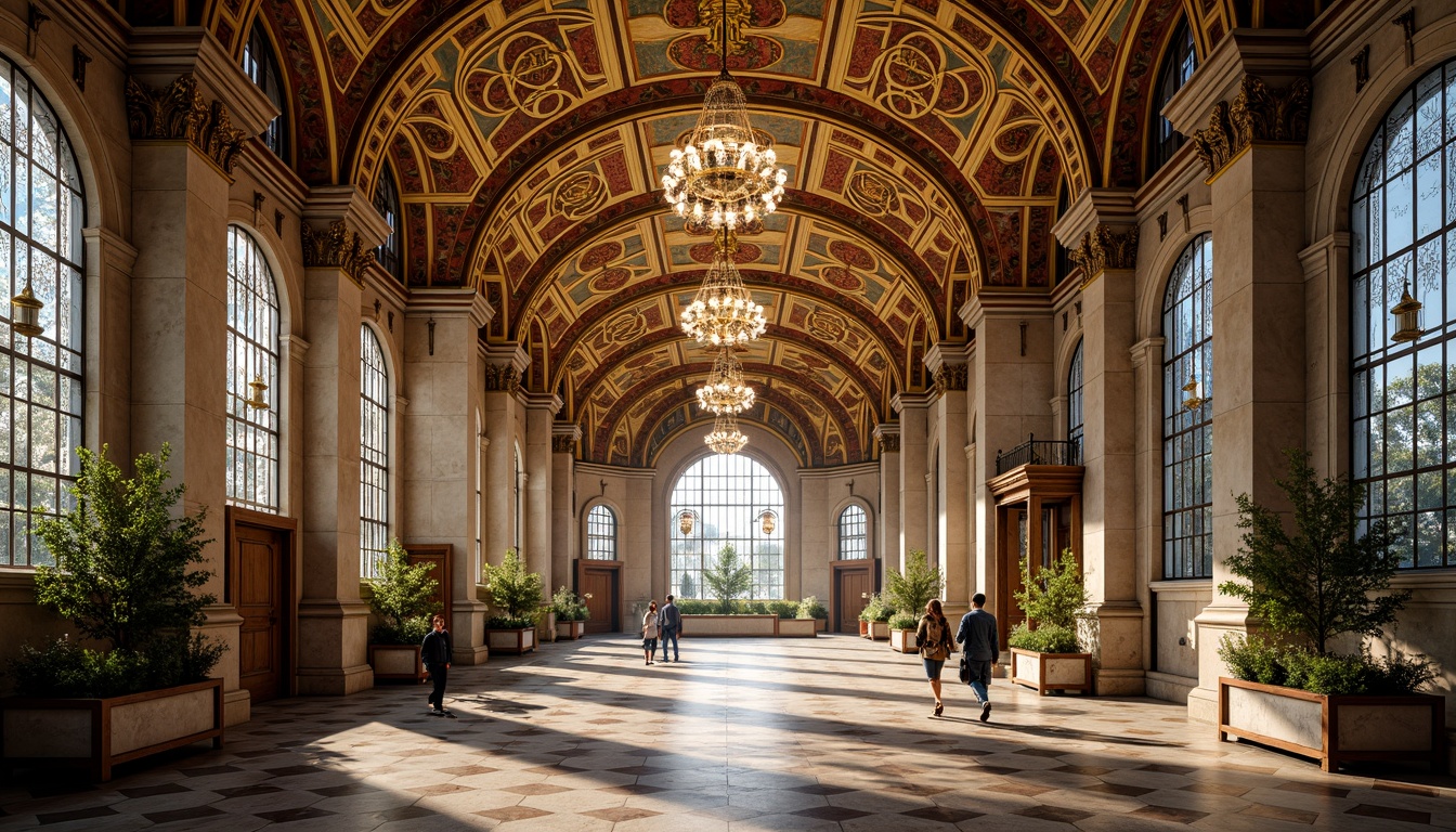 Prompt: Byzantine high school, ornate mosaics, gold accents, intricate patterns, vibrant colors, Christian symbols, geometric shapes, marble floors, arched ceilings, grand entrance halls, ornamental columns, luxurious chandeliers, stained glass windows, warm ambient lighting, shallow depth of field, 1/1 composition, realistic textures, subtle atmospheric effects.