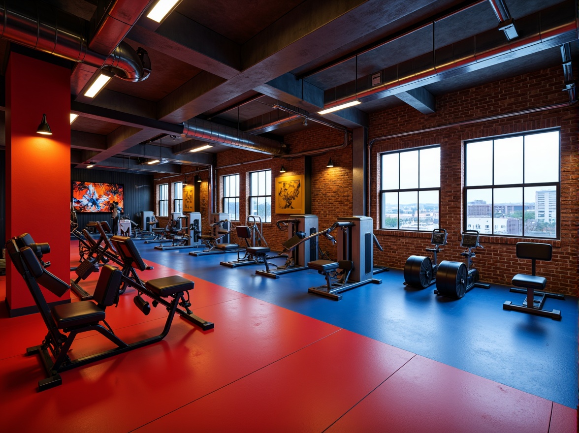 Prompt: Industrial-style gym equipment, bold primary colors, sharp geometric shapes, exposed brick walls, metallic accents, neon lighting, urban cityscape views, abstract art installations, concrete floors, minimalist decor, functional layout, dynamic angles, high-contrast color scheme, vibrant reds, deep blues, bright yellows, sleek metal beams, industrial-style ventilation systems, modernist architecture, dramatic shadows, low-key lighting, 2/3 composition, cinematic atmosphere.