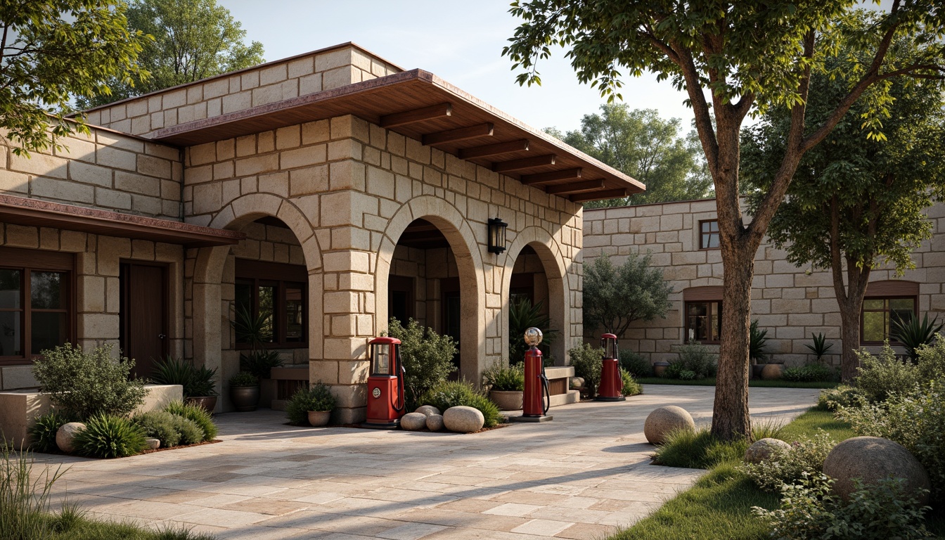 Prompt: Rustic gas station, rough-hewn stone cladding, earthy tones, ornate arches, grandiose entrance, intricate stonework patterns, weathered copper roofs, vintage fuel pumps, distressed wooden accents, lush greenery, natural stone walls, Romanesque architectural style, warm ambient lighting, shallow depth of field, 1/2 composition, realistic textures, ambient occlusion.