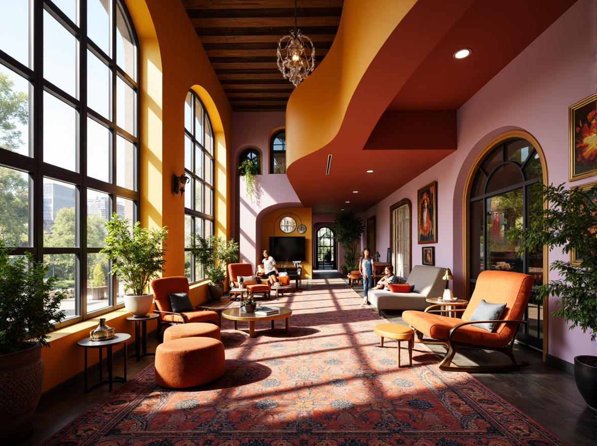 Prompt: Vibrant Expressionism building, curved lines, irregular shapes, bold color scheme, eclectic furniture, asymmetrical compositions, ornate decorative patterns, luxurious textiles, rich wood tones, metallic accents, abstract artwork, oversized windows, natural light pouring in, dramatic shadows, warm ambient lighting, 1/1 composition, shallow depth of field, cinematic atmosphere.