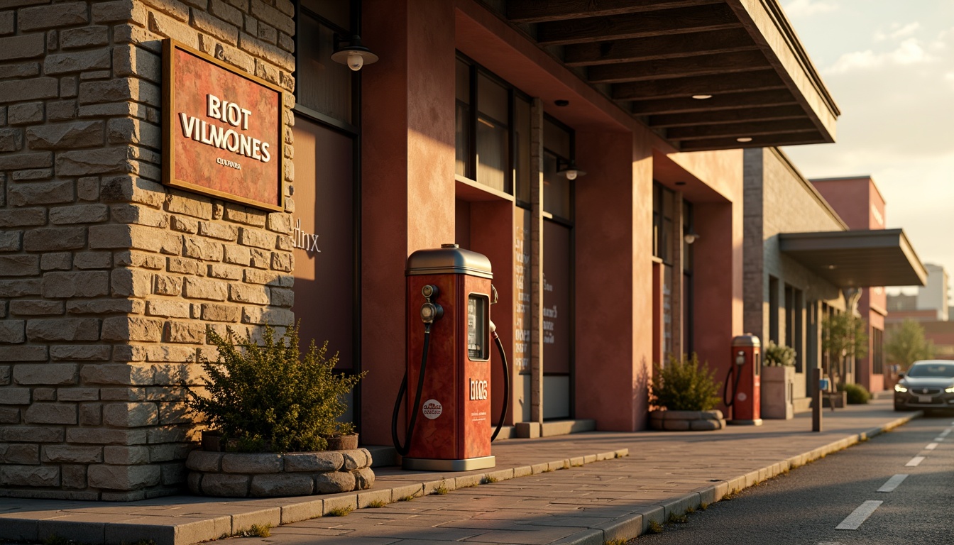 Prompt: Warm beige stonework, rustic terracotta tones, earthy red brick facades, ornate metalwork details, vintage fuel pumps, distressed wood accents, nostalgic signage, warm golden lighting, soft misty atmosphere, 1/1 composition, shallow depth of field, realistic textures, ambient occlusion.