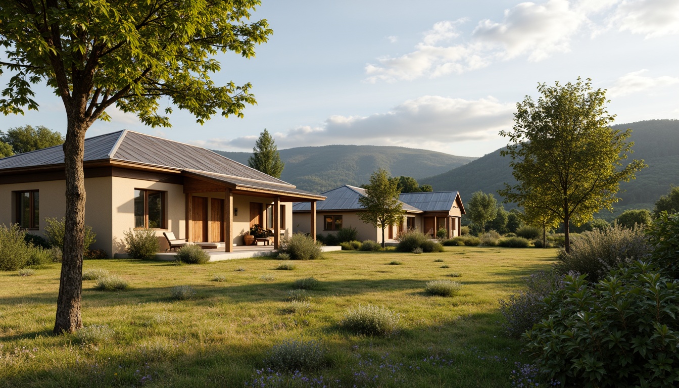 Prompt: Rustic rural homes, natural earth tones, warm beige walls, wooden accents, weathered metal roofs, lush green landscapes, rolling hills, countryside scenery, sunny afternoon light, soft warm shadows, shallow depth of field, 1/1 composition, realistic textures, ambient occlusion.