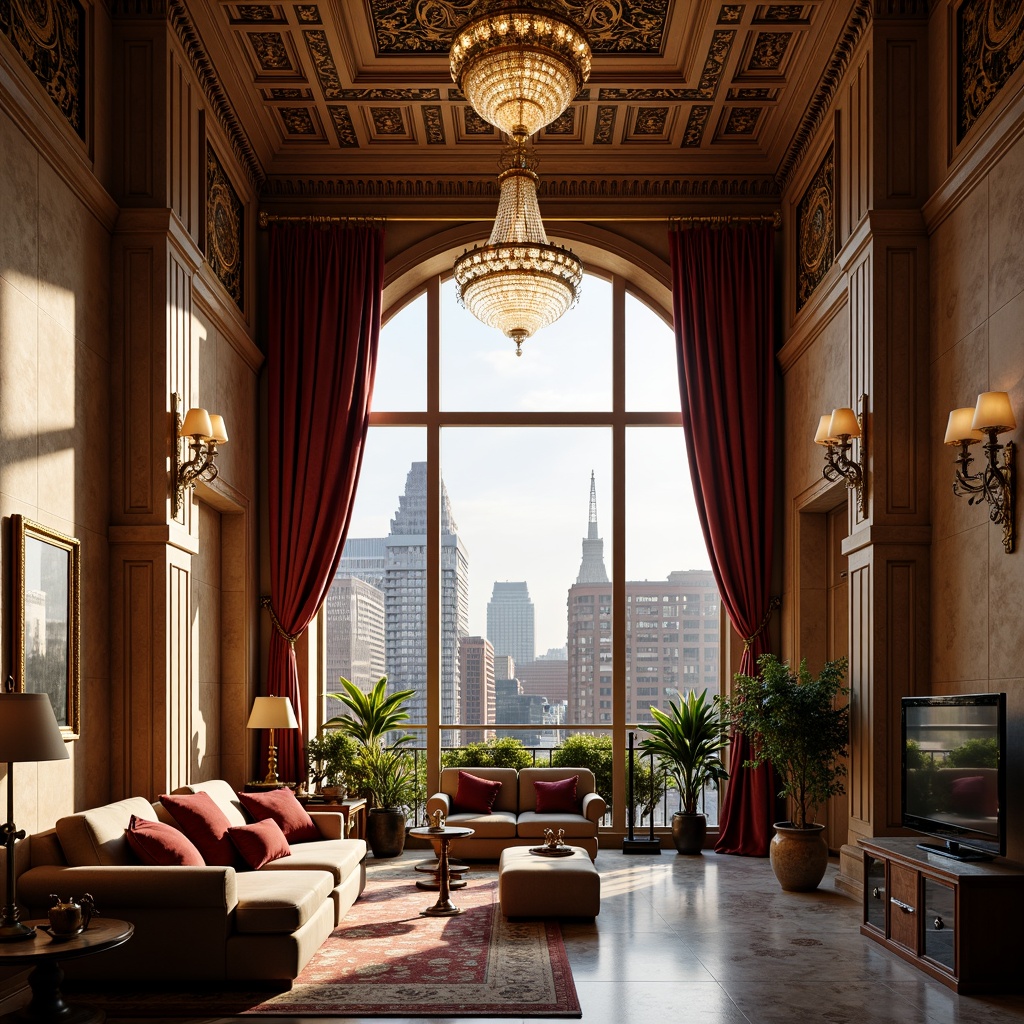 Prompt: Luxurious penthouse, ornate detailing, Renaissance-inspired architecture, grandiose chandeliers, intricately carved wooden panels, lavish furnishings, rich velvet drapes, gilded accents, marble floors, high ceilings, sweeping staircases, stunning city views, warm golden lighting, soft focus, atmospheric depth of field, 1/1 composition, realistic textures, ambient occlusion.