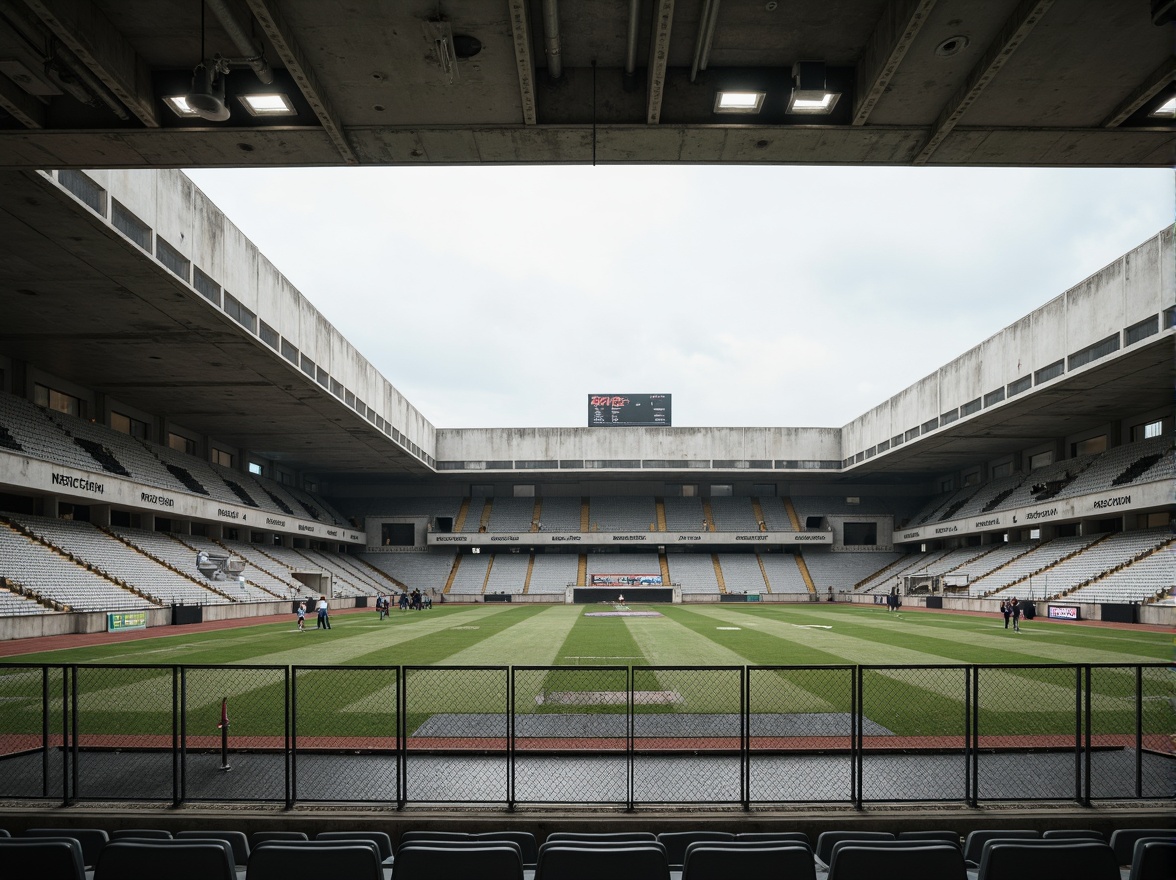 Prompt: Rugged sports fields, brutalist architecture, concrete grandstands, industrial steel beams, raw exposed ductwork, functional minimalism, bold geometric forms, urban landscapes, overcast skies, dramatic shadows, high-contrast lighting, sharp angular lines, weathered concrete textures, rusted metal accents, chain-link fences, artificial turf, athletic track markings, scoreboard installations, floodlighting systems, 3/4 composition, low-angle shots, gritty realistic rendering.