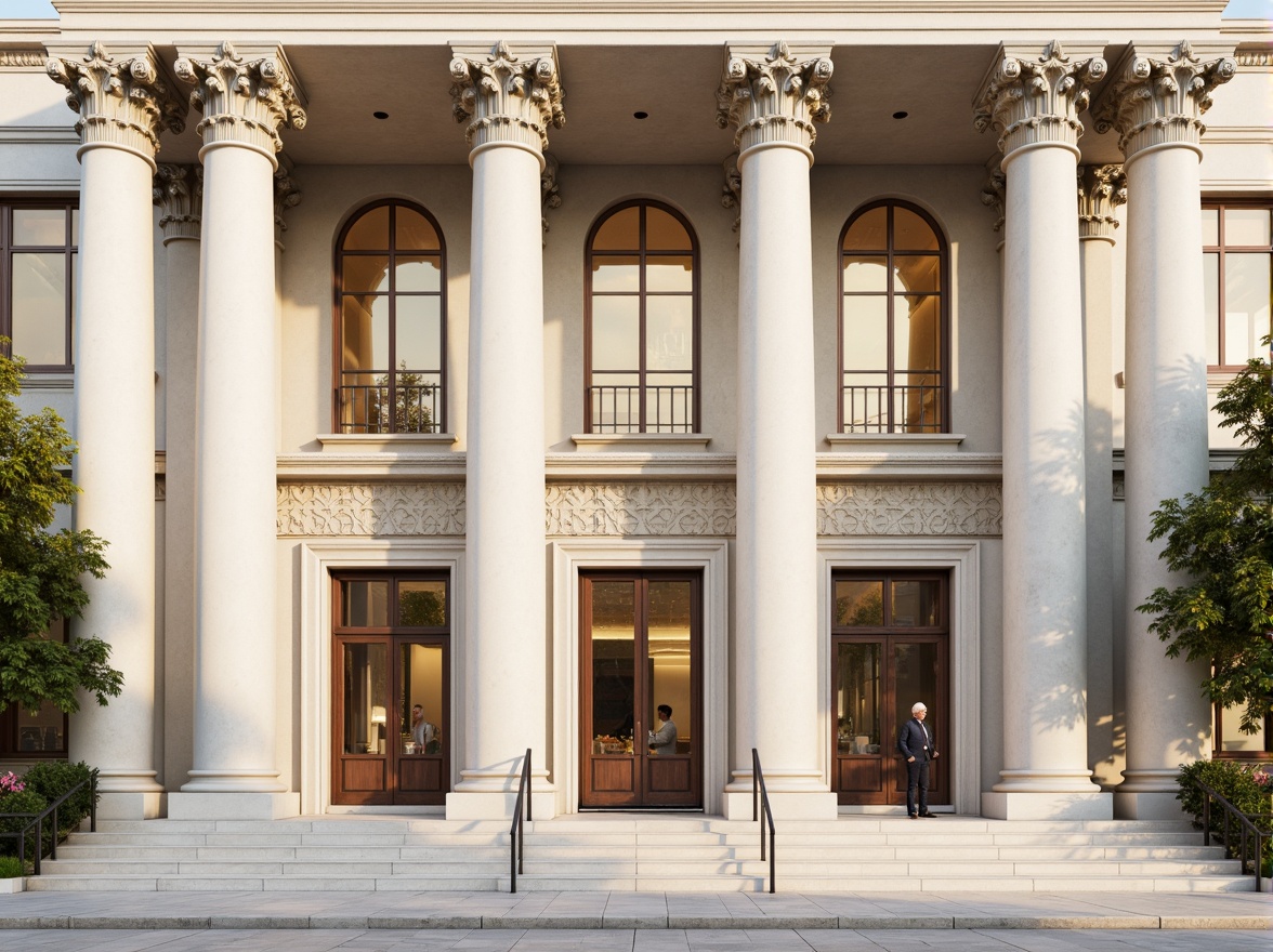 Prompt: Grandiose columned facade, ornate capitals, fluted columns, Corinthian orders, symmetrical composition, classical proportions, creamy white marble, polished granite bases, golden accents, intricate moldings, ornamental friezes, subtle arches, soft warm lighting, high contrast, shallow depth of field, 2/3 composition, panoramic view, realistic textures, ambient occlusion.