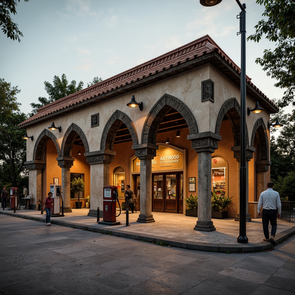 Prompt: Rustic gas station, Romanesque arches, ornate stone carvings, rounded columns, earthy color palette, terracotta roofs, vintage fuel pumps, decorative metal lanterns, intricate brick patterns, curved entranceways, grandiose windows, rustic wooden doors, nostalgic signage, warm ambient lighting, shallow depth of field, 1/2 composition, symmetrical framing, realistic textures, ambient occlusion.