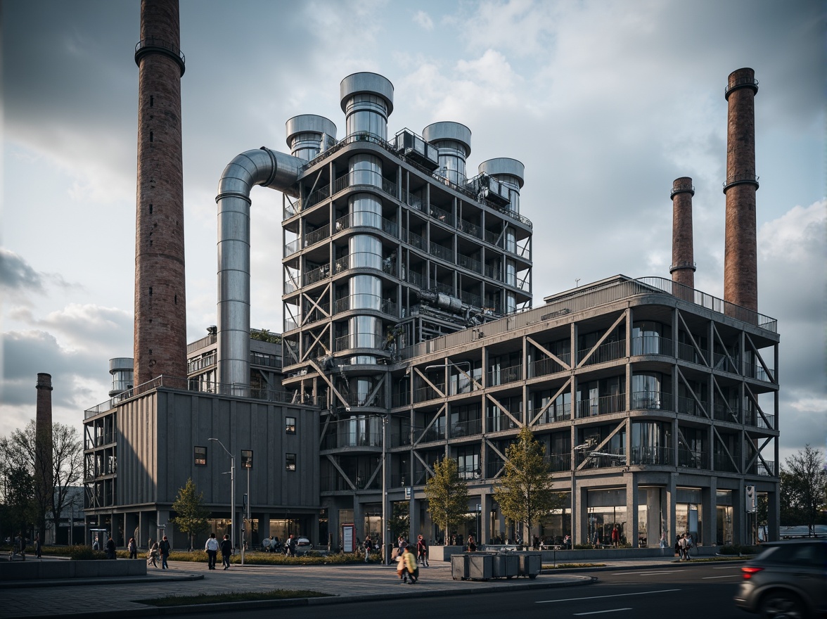 Prompt: Industrial energy plant, steel columns, exposed ductwork, metallic pipes, concrete foundations, modern architecture, functional design, efficient systems, renewable energy sources, solar panels, wind turbines, thermal power generation, smokestacks, industrial lighting, urban landscape, cloudy sky, dramatic shadows, high contrast, 1/2 composition, realistic textures, ambient occlusion.